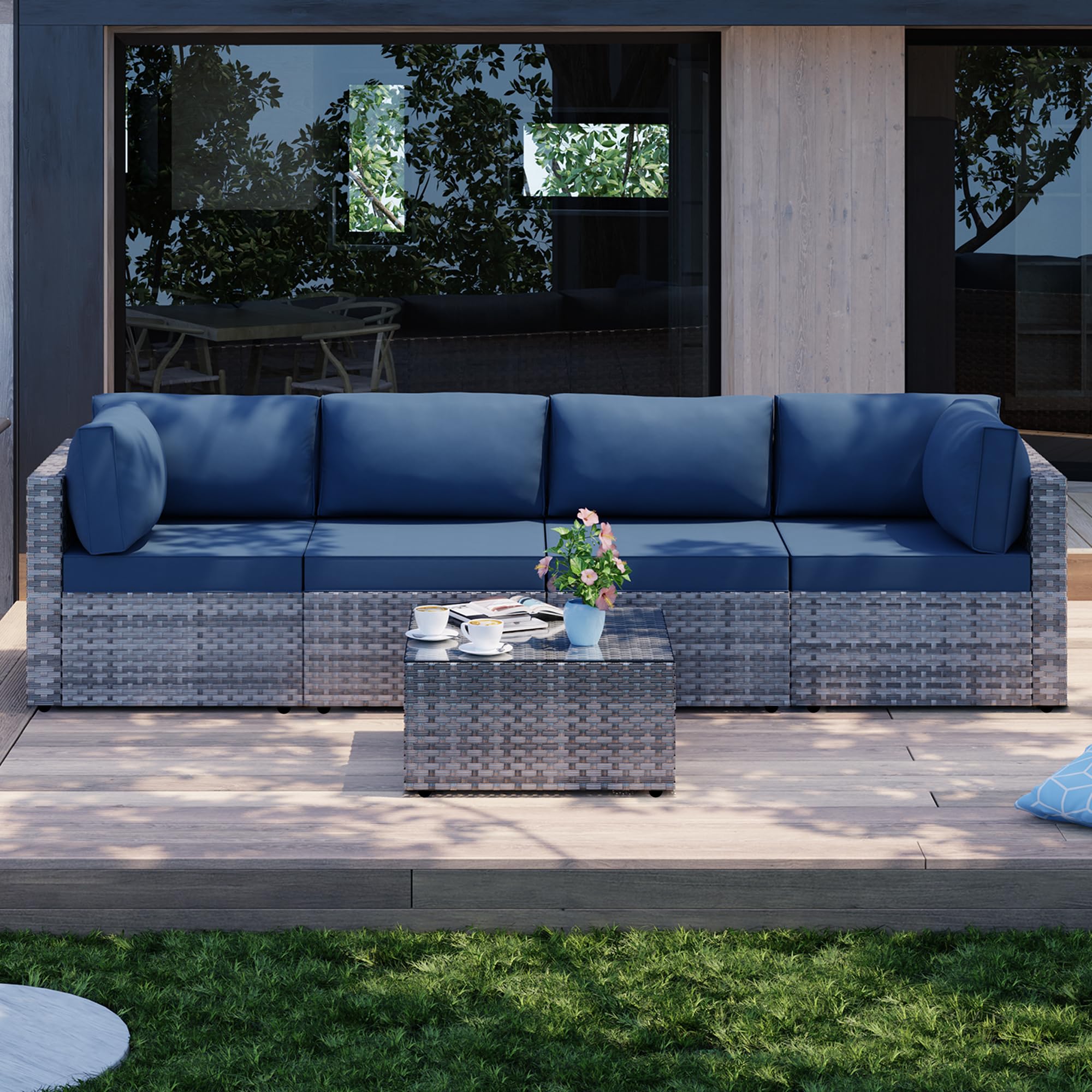 Shintenchi 5-Piece Outdoor Patio Sectional Sofa Set with Washable Cushions & Glass Coffee Table - PE Wicker Furniture in Aegean Blue for Garden, Poolside, Backyard | Perfect for Outdoor Entertaining, Relaxation & Lounging