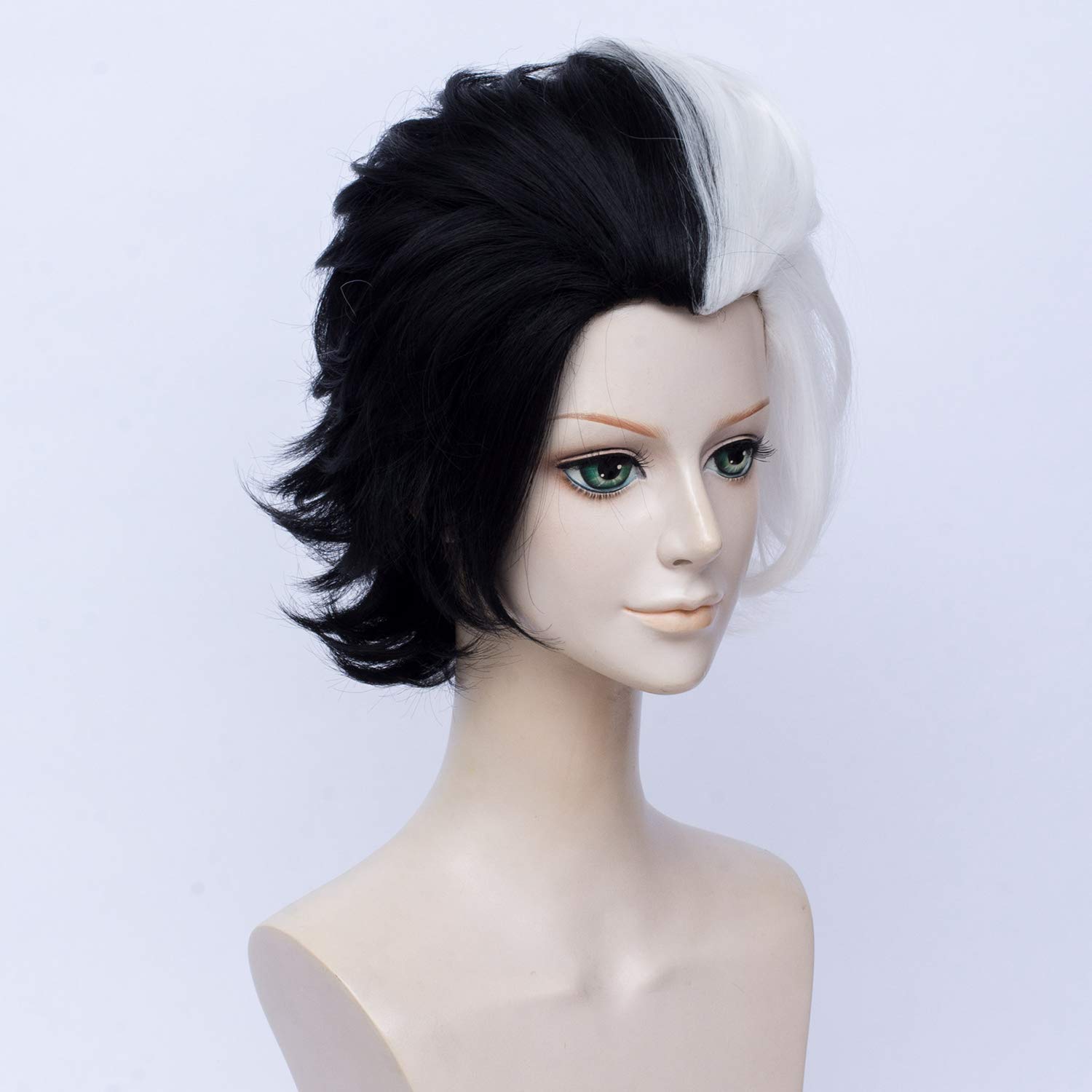QACCF Short Layered Curly Half White Half Black Synthetic Wig for Women - Perfect for Mad Scientist Costume, Cosplay, Halloween, and Theatrical Performances