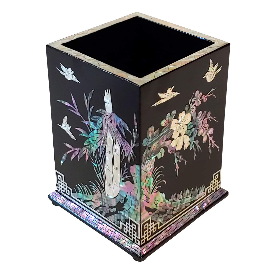 Exquisite Mother of Pearl Inlay Wooden Pen Holder - Black Chrysanthemum, Bamboo, Orchid & Plum Blossom Design - Elegant Desktop Organizer for Pens, Pencils & Brushes - Perfect for Office, Study & Calligraphy Workspace
