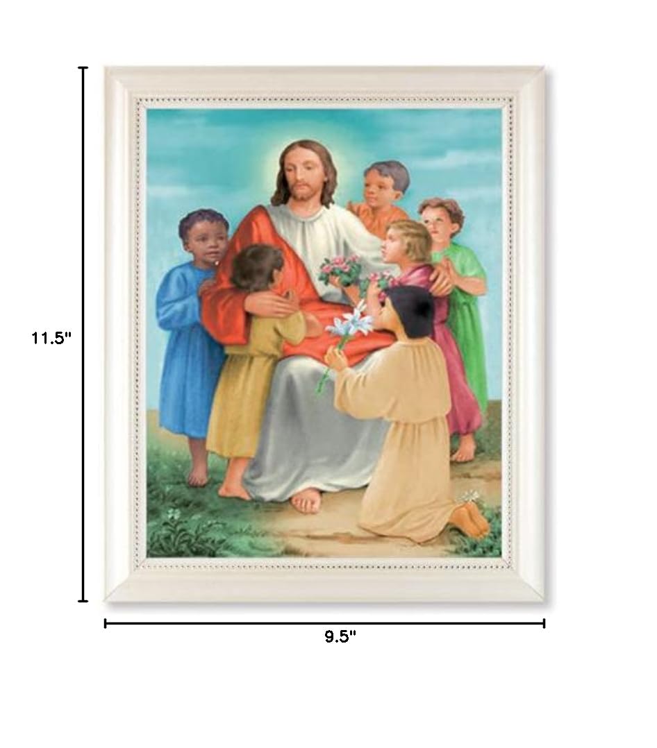Christ with Children Framed Wall Art - Large Religious Home Decor with Pearlized Fluted White Frame & Beaded Lip | Perfect for Church, Sunday School & Christian Family Gifts