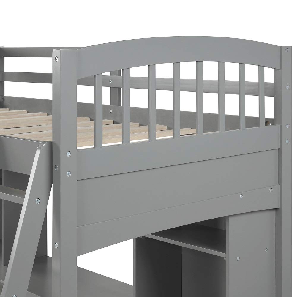 MERITLINE Twin Size Wood Loft Bed with Study Desk & Angled Ladder - Natural Grey Finish for Kids & Teens | Space-Saving Bedroom Furniture for Small Rooms & Dorm Living