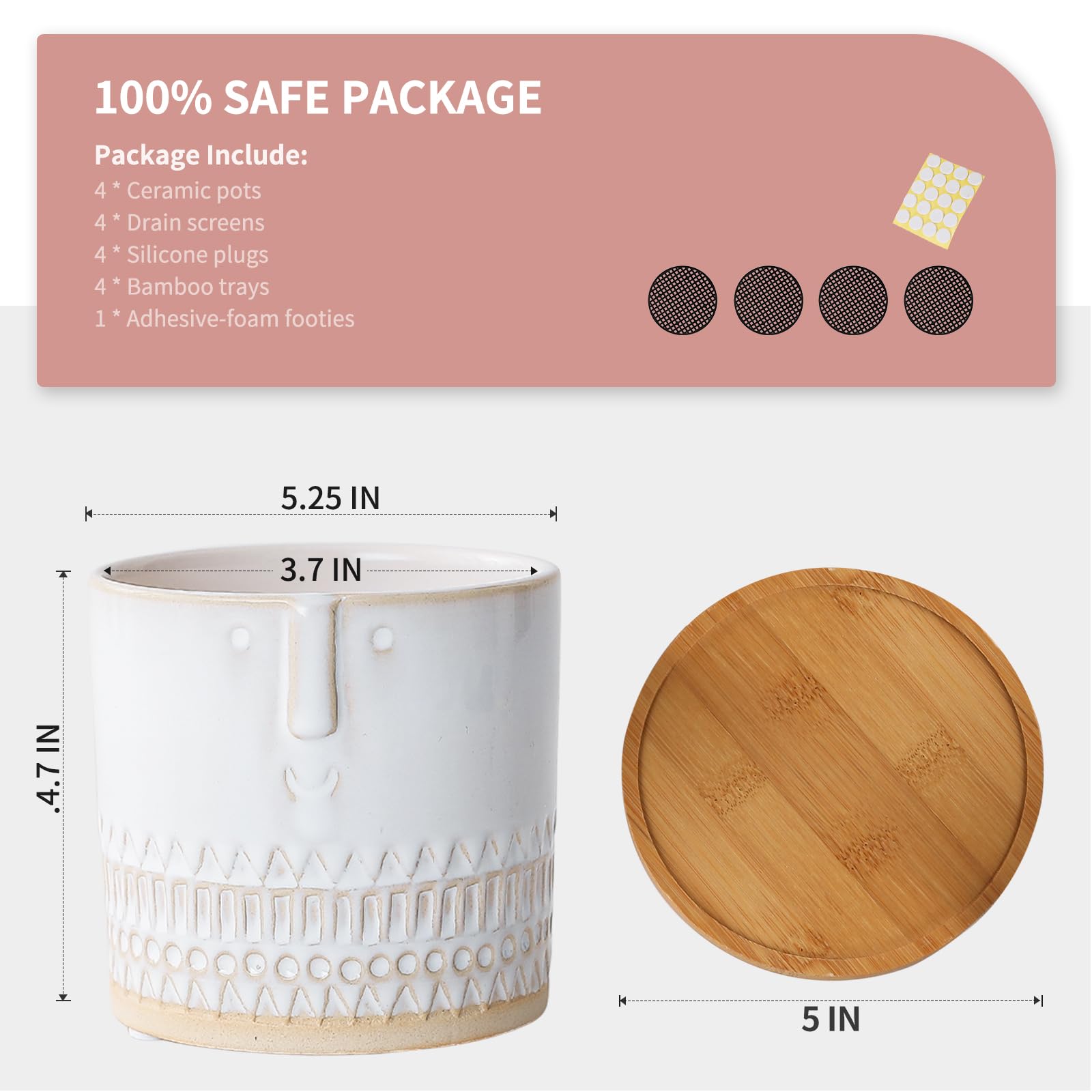 OMAYKEY 5.25 Inch Ceramic Flower Pots with Saucer - Set of 4, White Face Design Planters with Drainage Hole & Mesh Pad for Succulents, Snake Plants, Cactus, Herbs, Aloe Vera - Perfect for Indoor Plants, Home Decor, Office Desk & Gift Ideas