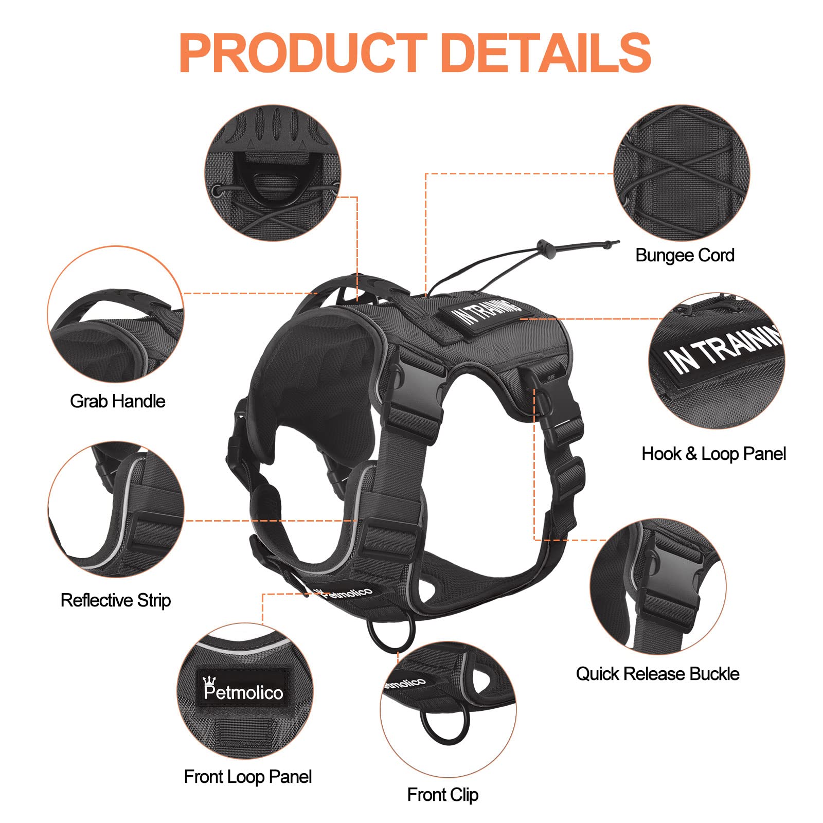 Tactical Dog Harness with Leash - No Pull Pet Harness for Large Dogs | Adjustable Hook & Loop Panels for Military Service & Training | Durable Black Harness for Hiking, Outdoor Adventures & Police K9 Work