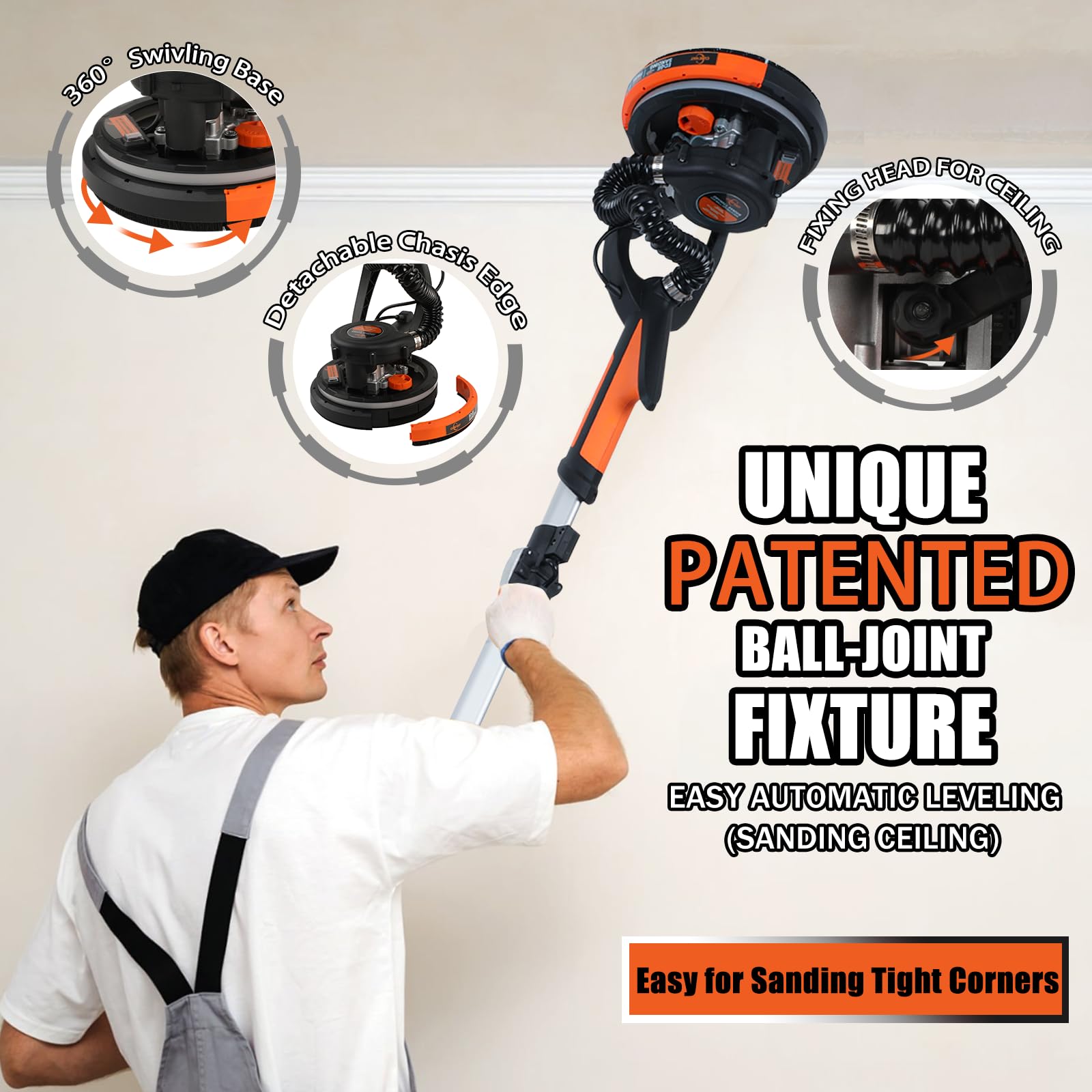 780W Electric Drywall Sander with Vacuum Dust Collection - 1800RPM Variable Speed, LED Light, Dustless Wall & Popcorn Ceiling Removal Tool for Home Renovation & Professional Use