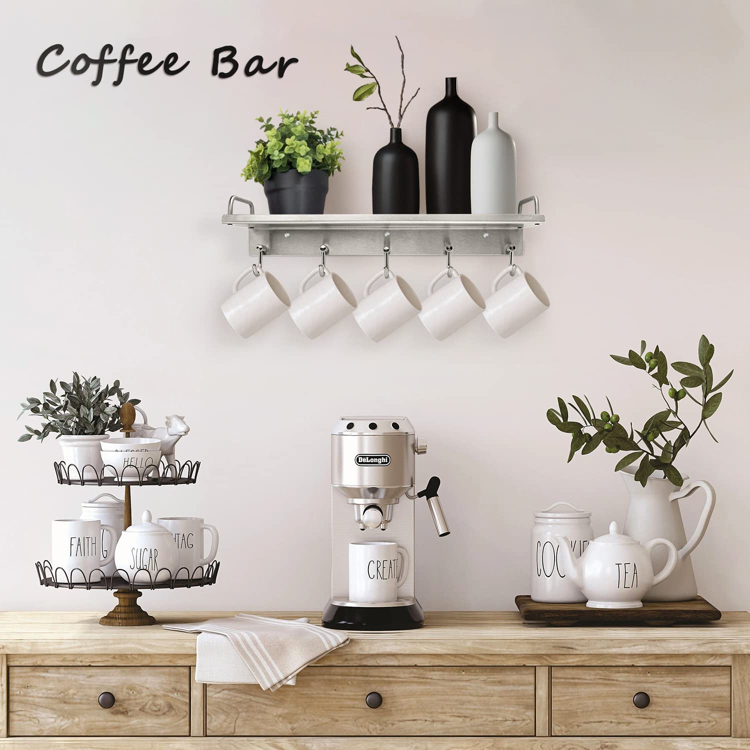 Stainless Steel Wall Mount Kitchen Utensil & Spice Rack with Hooks - Over the Stove Shelf Organizer for Spatulas, Spoons & Seasoning Jars - Perfect for Small Kitchen Storage & Cooking Space Organization