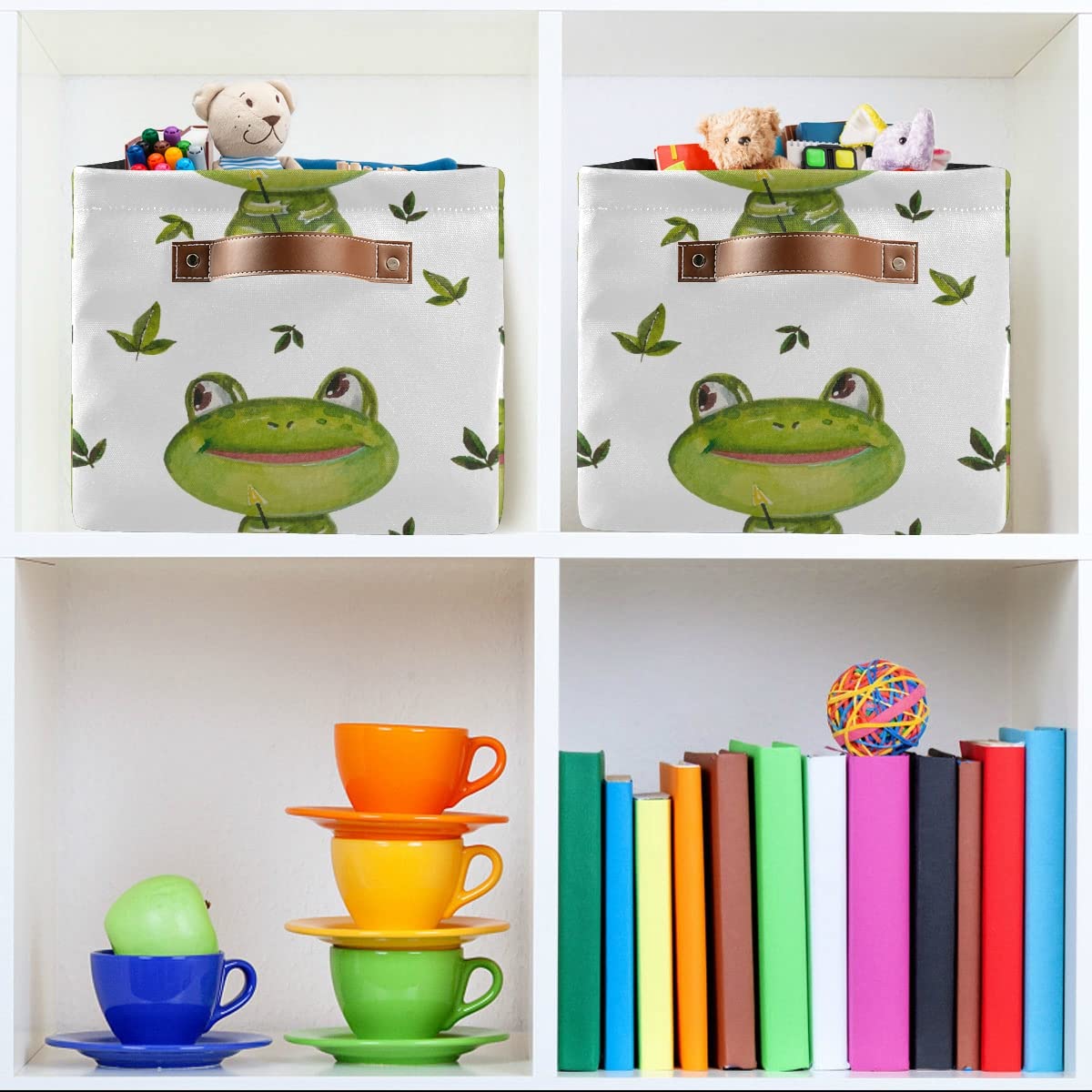 Foldable Fabric Storage Bins with Frog & Green Leaves Print - Large Capacity Closet Organizers with Reinforced Handles (2-Pack) | Space-Saving Storage Solution for Toys, Blankets & Seasonal Items | Perfect for Bedroom, Closet & Kids Room Organization | Ideal for Home, Nursery & Playroom Storage | Great for Organizing Baby Clothes, Books & Toys in Playrooms