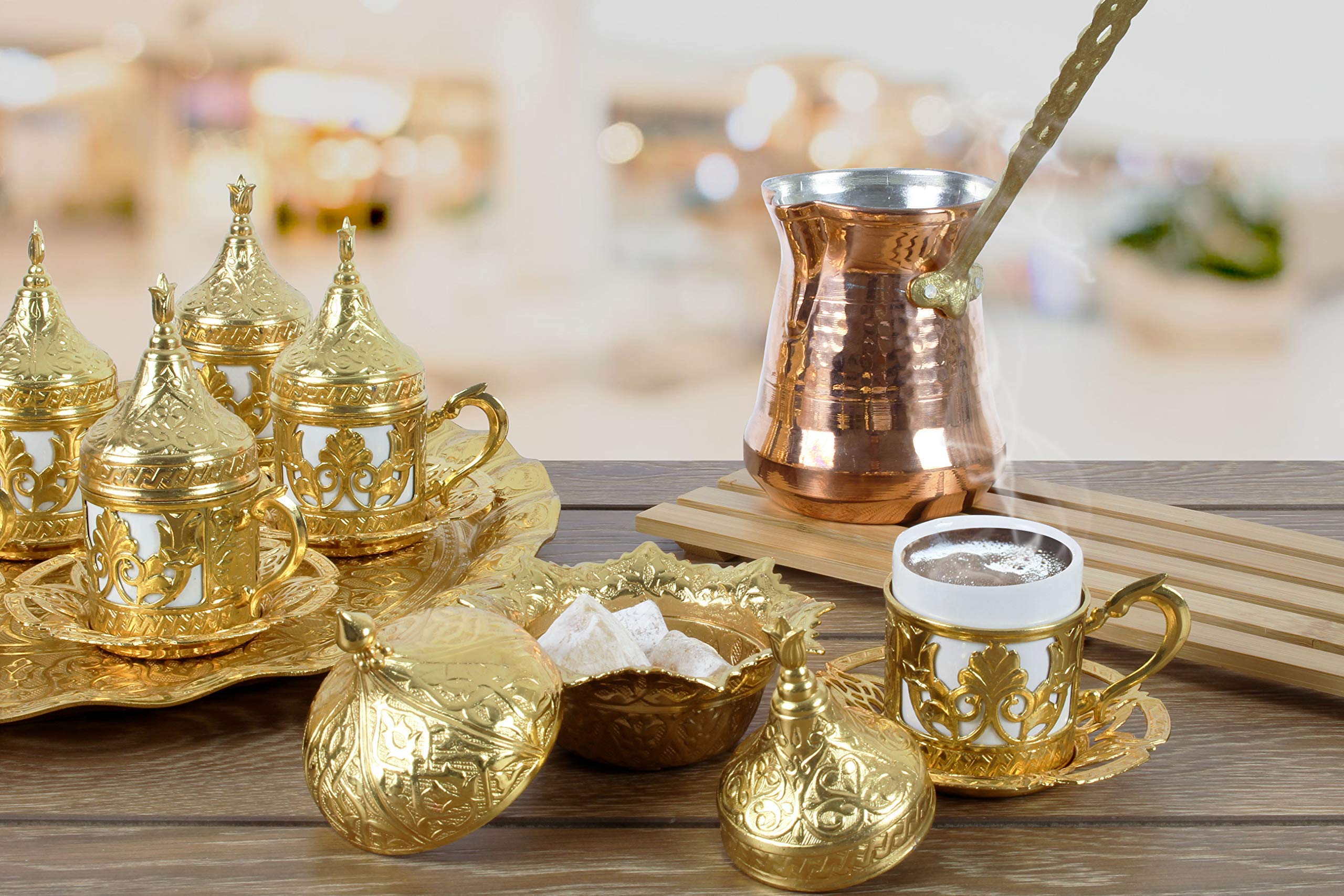 27-Piece Handmade Turkish Coffee Set with Gold Zamak Cups, Saucers, Sugar Bowl & Tray - 6-Person Espresso & Tea Serving Set - Perfect for Home Entertaining, Gift Giving & Traditional Coffee Ceremonies (CS6-203)