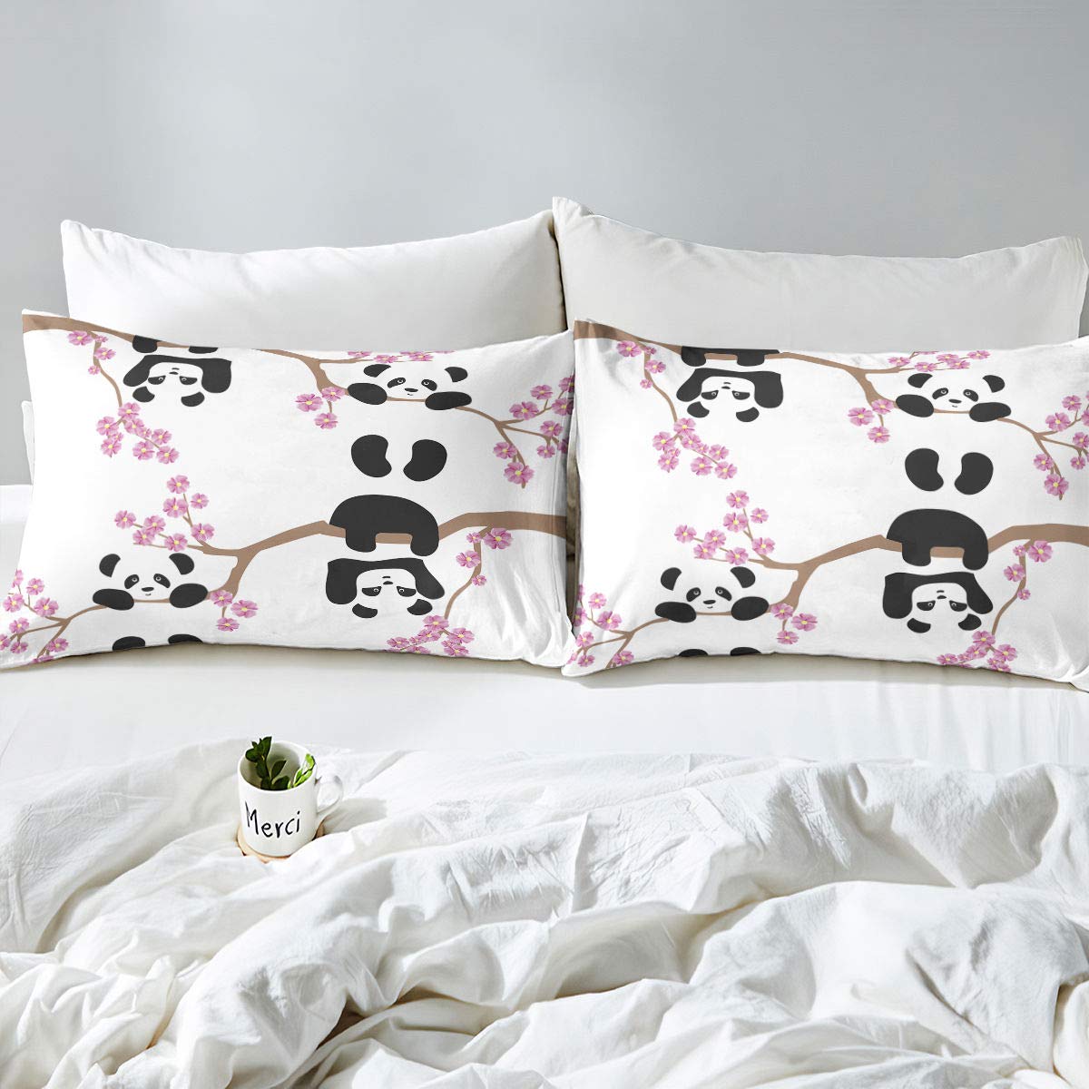 Erosebridal 7-Piece Panda Comforter Set with Fitted Sheet - Cherry Blossom Print Bedding Collection for Kids & Teens - Cozy Bedroom Decor for Nursery, Dorm Room or Gift