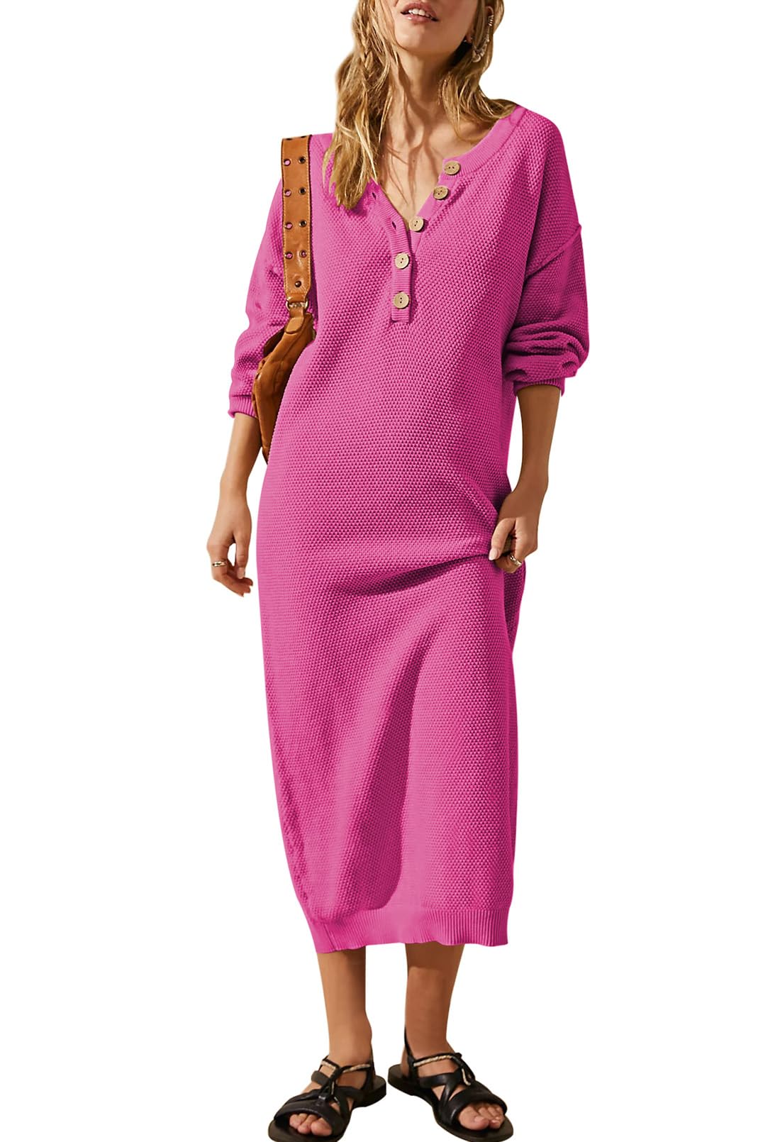 Cutiefox Women's Fall Winter Sweater Dress - Long Sleeve Button Down V-Neck Batwing Oversized Waffle Knit Tunic Dress for Casual Outings, Date Night & Holiday Parties
