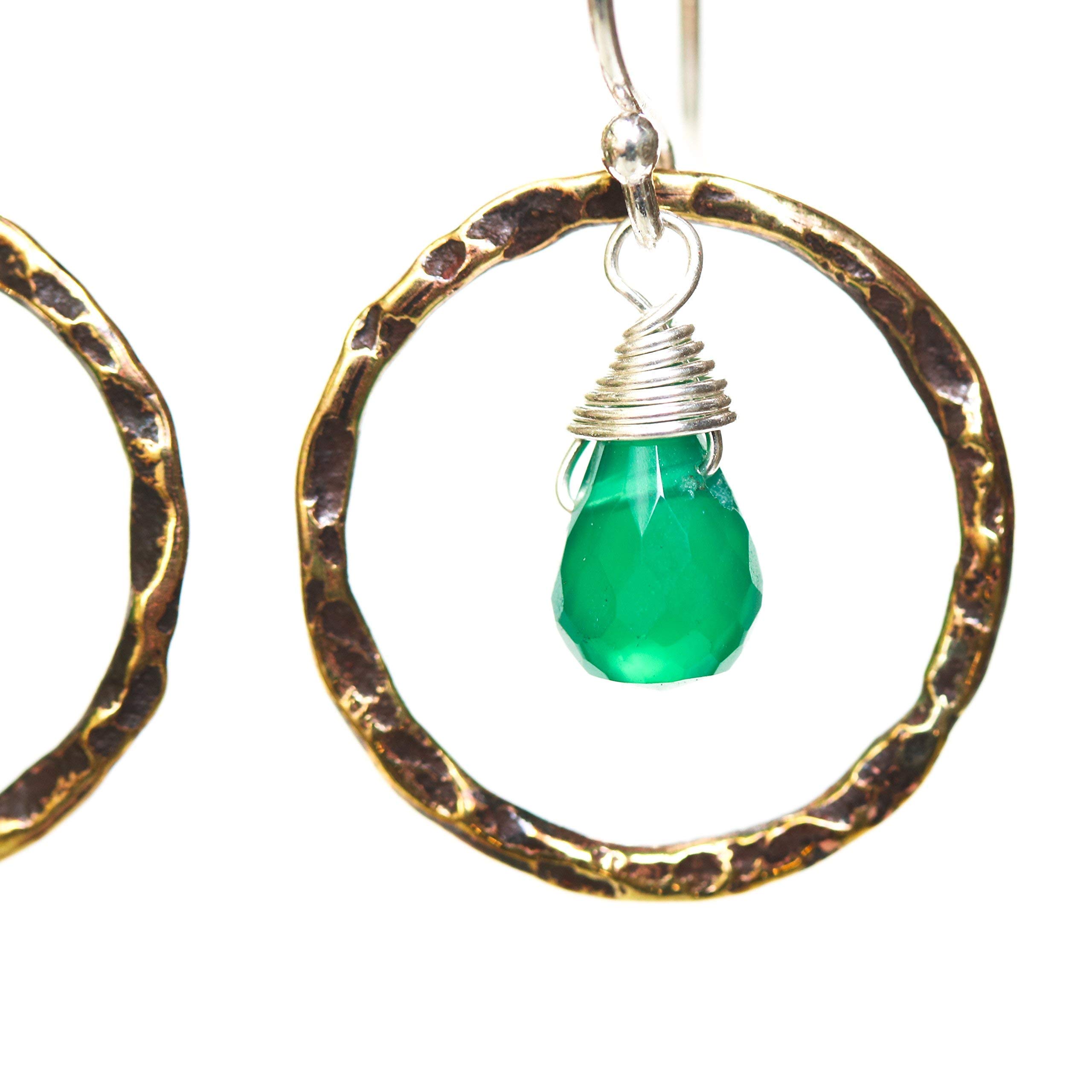Green Onyx Earrings with Oxidized Brass Circle & Hammered Texture on Sterling Silver Hook – Elegant Boho Jewelry for Women, Perfect for Parties, Weddings & Everyday Wear