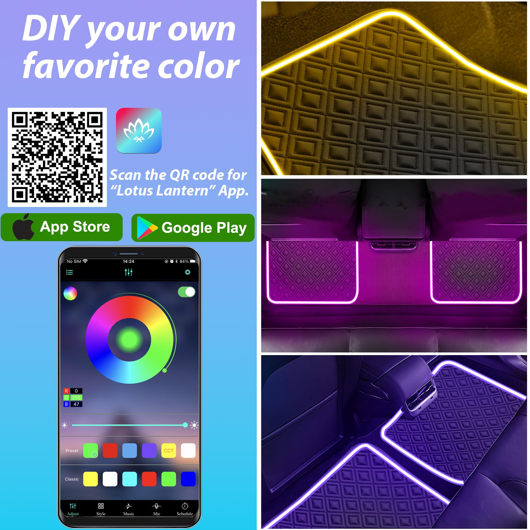 LED Car Floor Mats - Universal Fit, Waterproof & Anti-Slip for SUV/Sedan - Interior Neon Decor