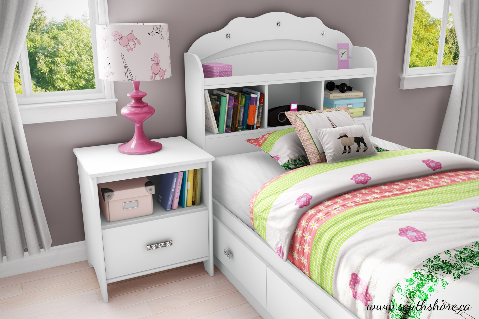 South Shore Tiara Wood Twin Bookcase Storage Bed in Pure White - Space-Saving Kids Bedroom Furniture for Small Rooms, Dorm, or Guest Bed with Built-in Shelves & Storage Drawers