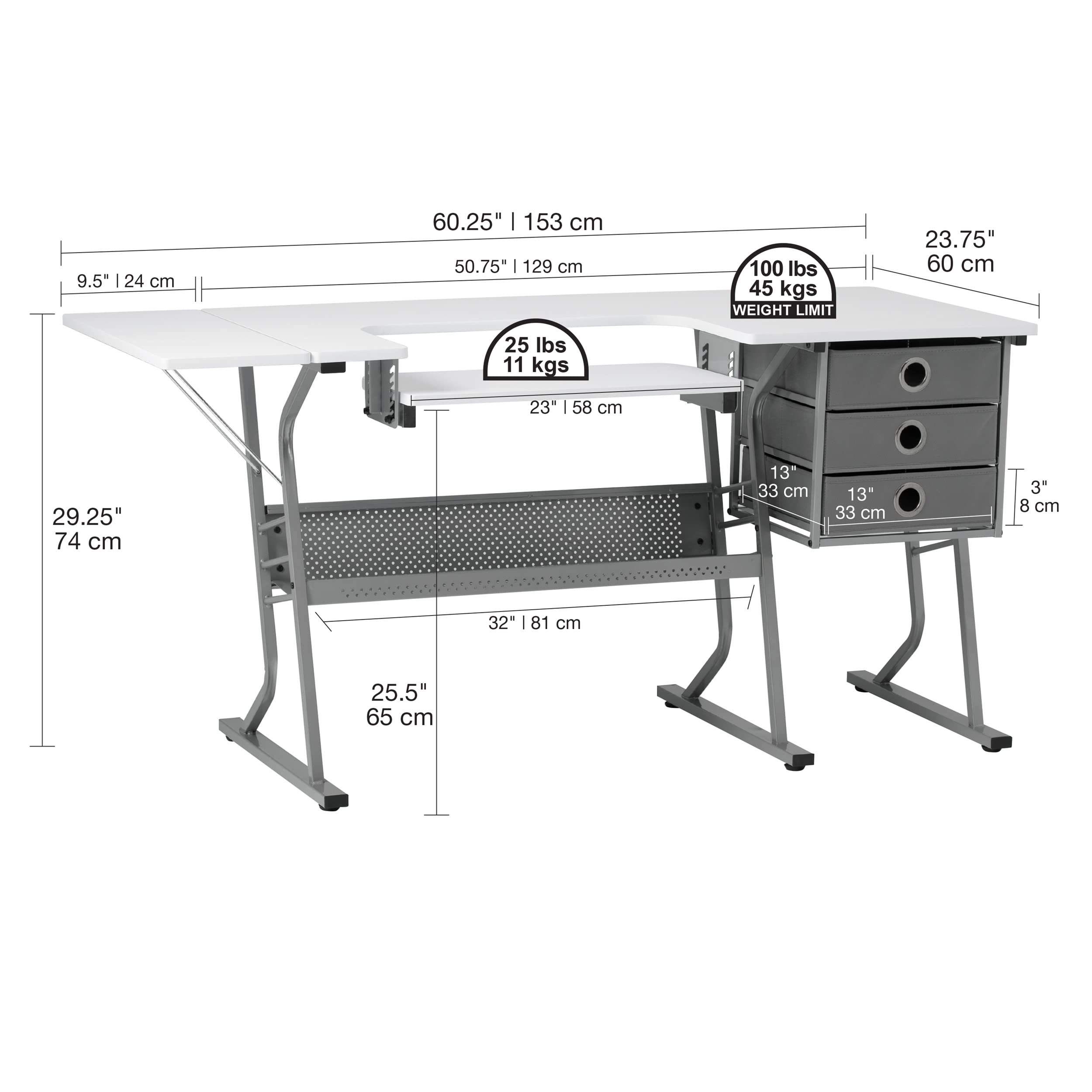 Eclipse Sewing Machine Table with Storage Drawers - White Craft Table with Gray Drawers & Large Lower Shelf - Multi-Purpose Hobby Desk for Sewing, Quilting & Computer Work - Perfect for Home Studios & Craft Rooms