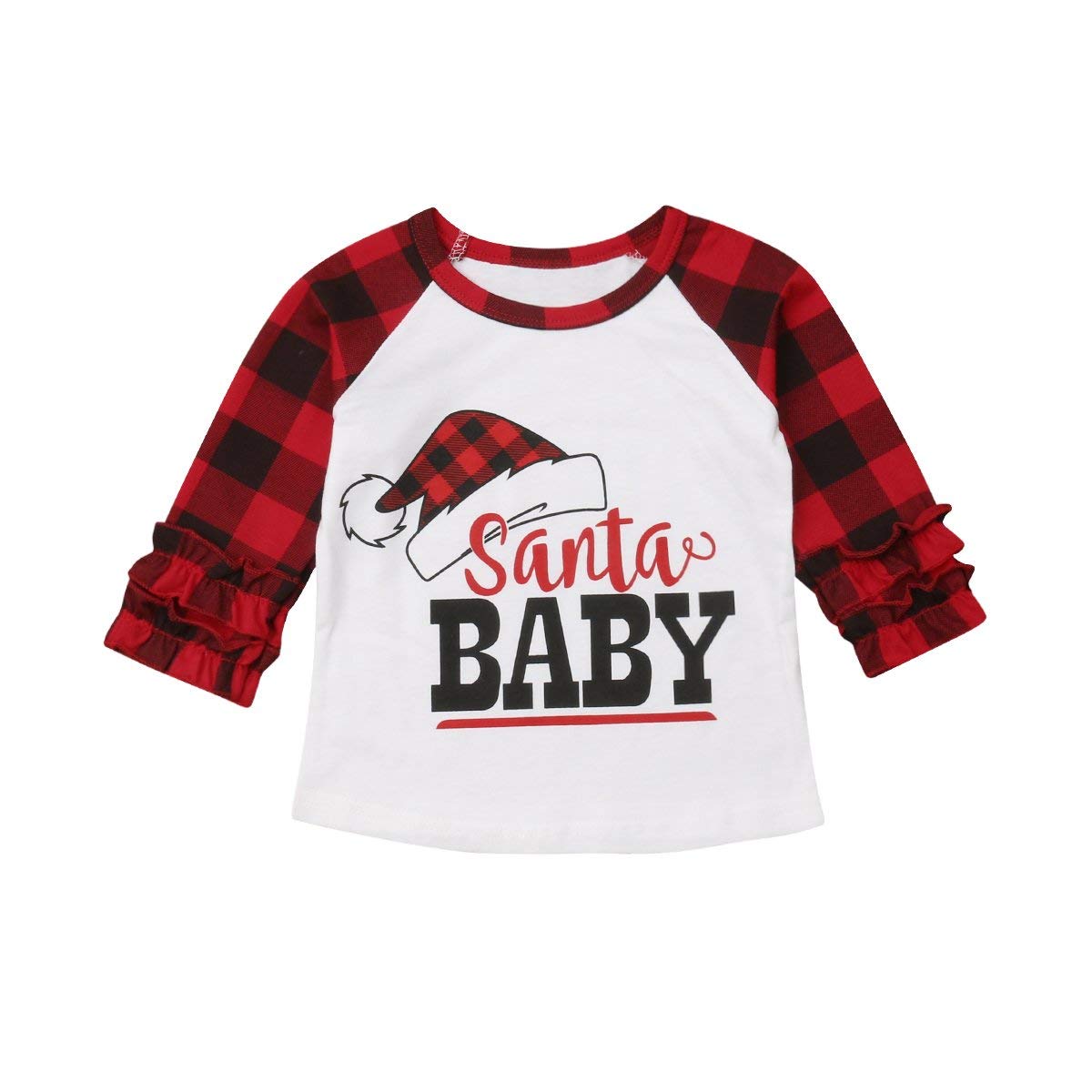Cute Santa Baby Girls Christmas T-Shirt - Long Sleeve Cotton Ruffle Top for Holiday Photos