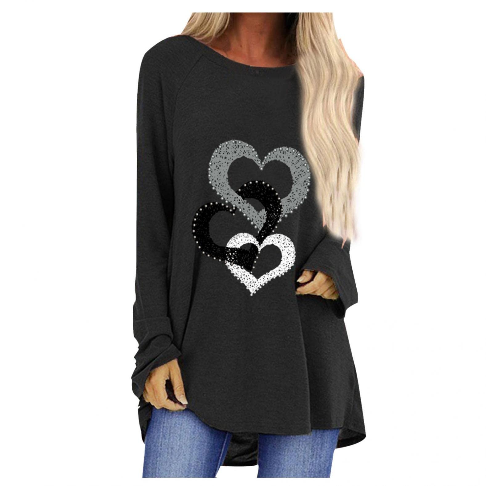Valentine's Day Heart Print Tunic Tops for Women - Cute Long Sleeve Loose Crewneck Graphic Tee - Plus Size Holiday Shirts - Perfect for Date Night, Gift Giving & Casual Wear