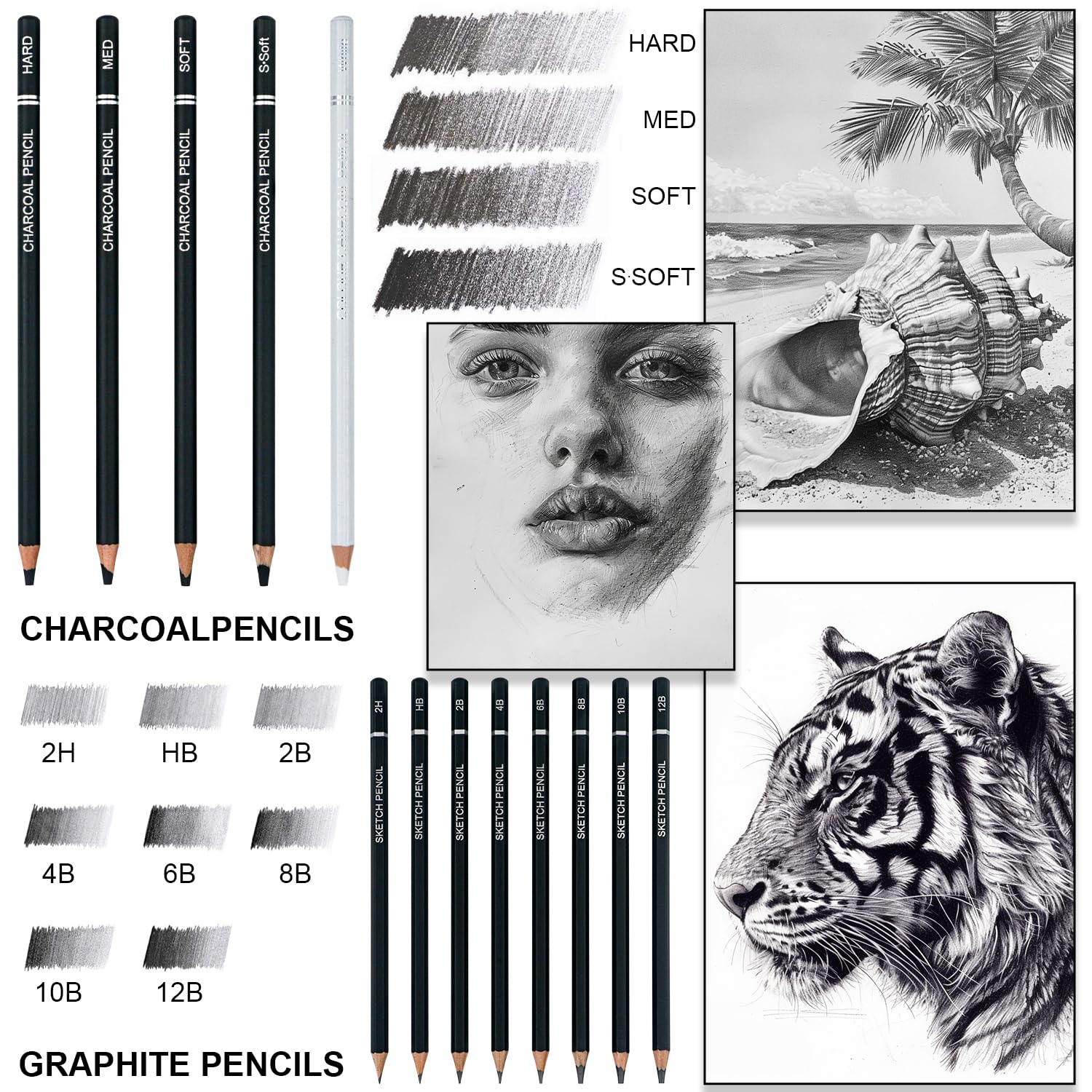 Professional 22-Piece Charcoal Pencil Set for Drawing & Sketching - Art Supplies for Shading, Detailing & Sketching - Ideal for Beginners & Professional Artists - Perfect for Portraits, Landscapes & Still Life Drawings