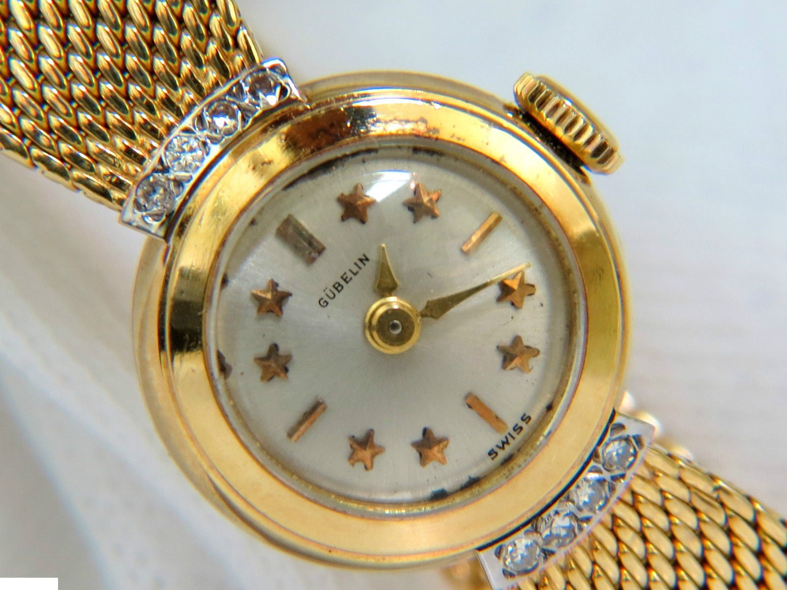 Estate Petite 18K Gold Gubelin Swiss Ladies Watch - Mesh Band & Star Bar Dial - Elegant Timepiece for Women's Formal Events & Luxury Gifts
