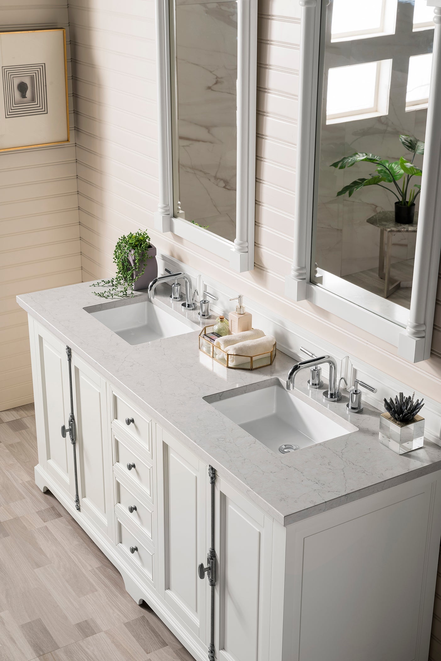 Providence 72 Inch Double Vanity Cabinet with 3CM Eternal Jasmine Pearl Quartz Top - Bright White Bathroom Vanity for Master Bath & Guest Bath Remodel