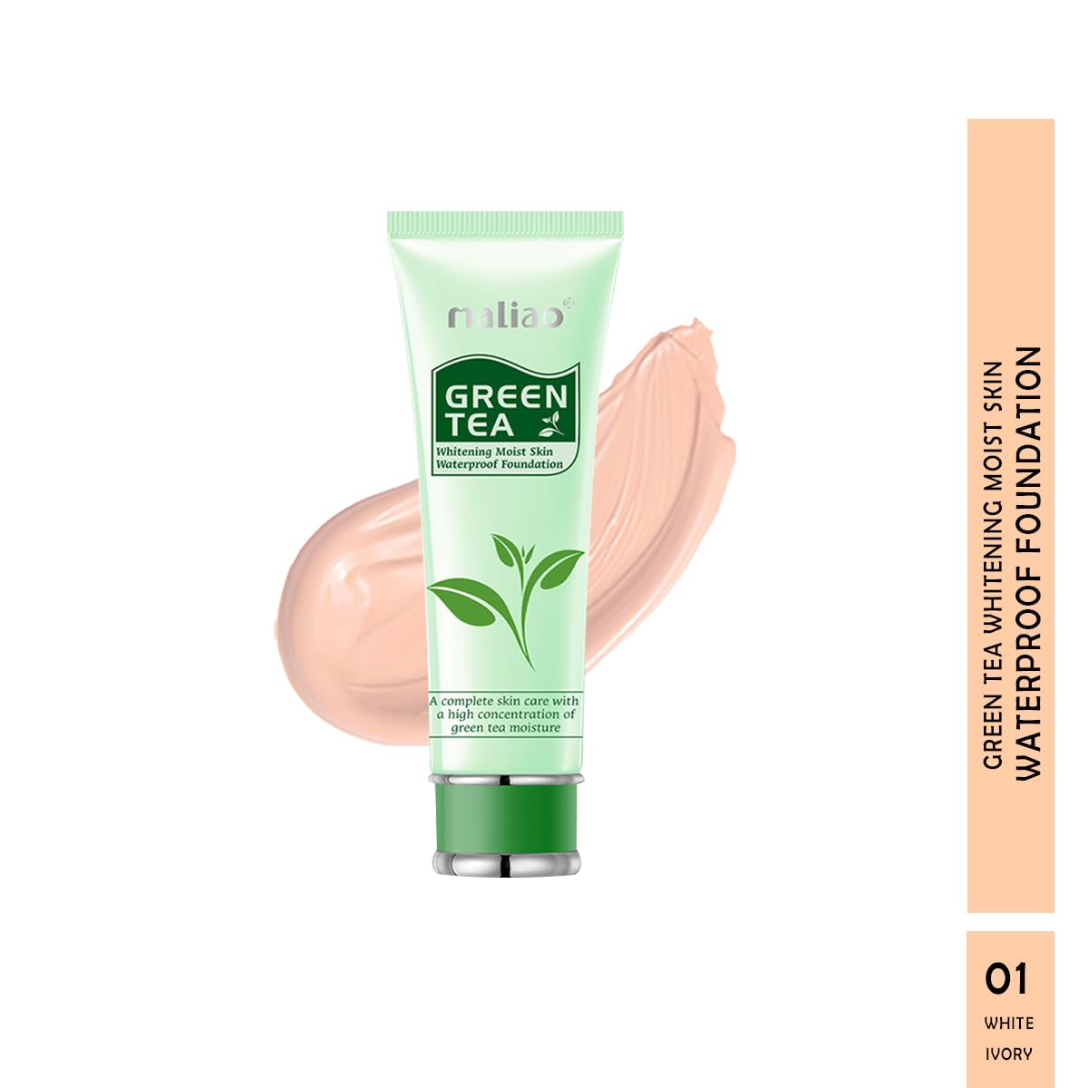 Maliao Green Tea Whitening Moisturizing Waterproof Foundation - Full Coverage, Hydrating & Smooth Finish with SPF Protection | Long-Lasting, Oil-Free Makeup for Brightening & Even Skin Tone | Perfect for Daily Wear, Special Occasions & Photo Shoots (White Ivory, 80g)
