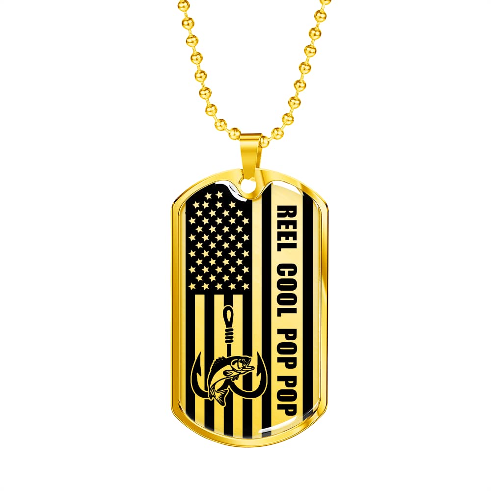 Men's Reel Cool Pop Pop USA American Flag Dog Tag Necklace - Funny Fishing Jewelry Gift for Dad, Grandpa & Fishermen - Birthday, Father's Day Present - Perfect for Fishing Trips & Outdoor Adventures