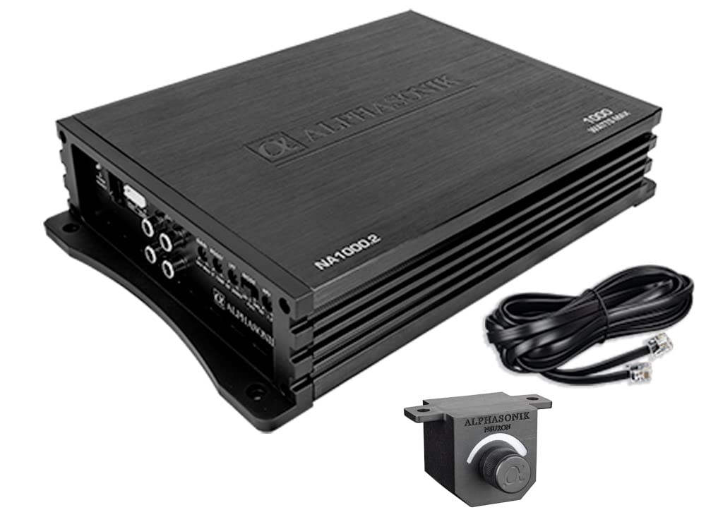 Alphasonik NA1000.2 Neuron Series 1000W 2-Channel Car Amplifier - Class A/B, Bridgeable, 4-Way Protection, Low/High Level Inputs w/ Remote Bass Knob - Perfect for Car Audio Systems & Bass Boost