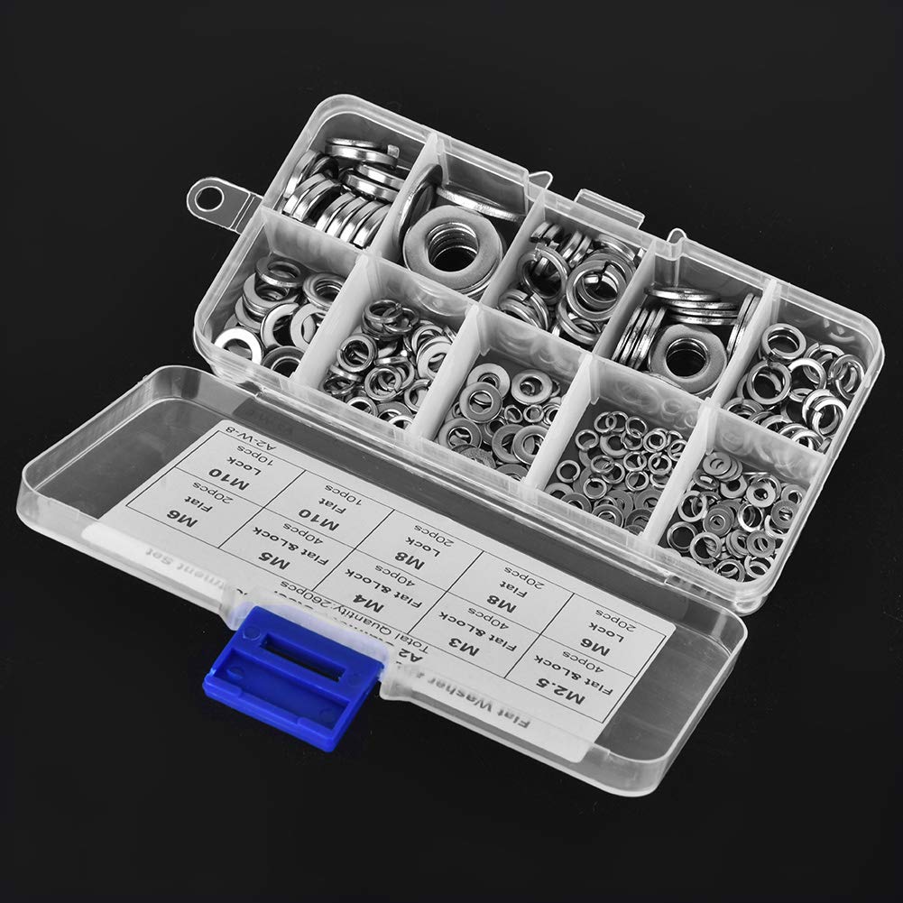 7 Sizes Flat & Spring Washer Set - Stainless Steel Fasteners for Industrial, Home, Automotive & Construction Use - Perfect for Machinery Assembly, Plumbing Fixtures and DIY Projects