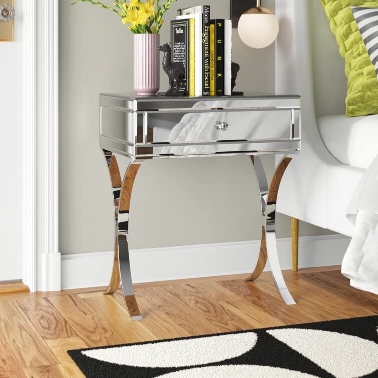 SHYFOY Modern Mirrored Nightstand with Drawer - Silver Bedside Table with X-Leg Design, Mirror Finish Metal Accent Table for Bedroom, Living Room | Perfect for Small Spaces, Guest Rooms & Apartment Decor