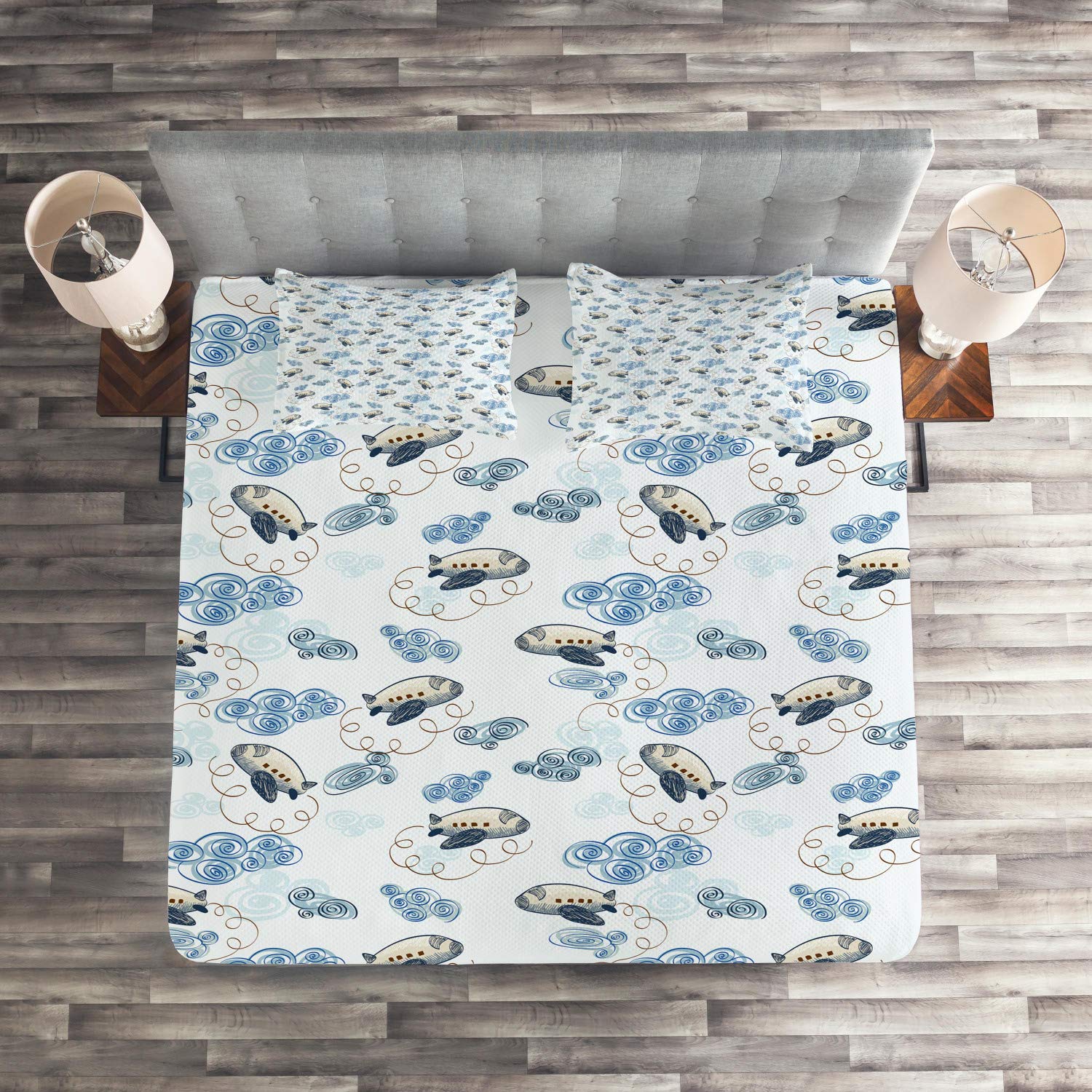 Ambesonne Airplane Quilt Set - Hand Drawn Sky Design with Clouds, 3-Piece King Size Bedspread & 2 Pillow Shams, Dark Blue Grey Eggshell - Perfect for Aviation Themed Bedrooms & Travel Enthusiasts