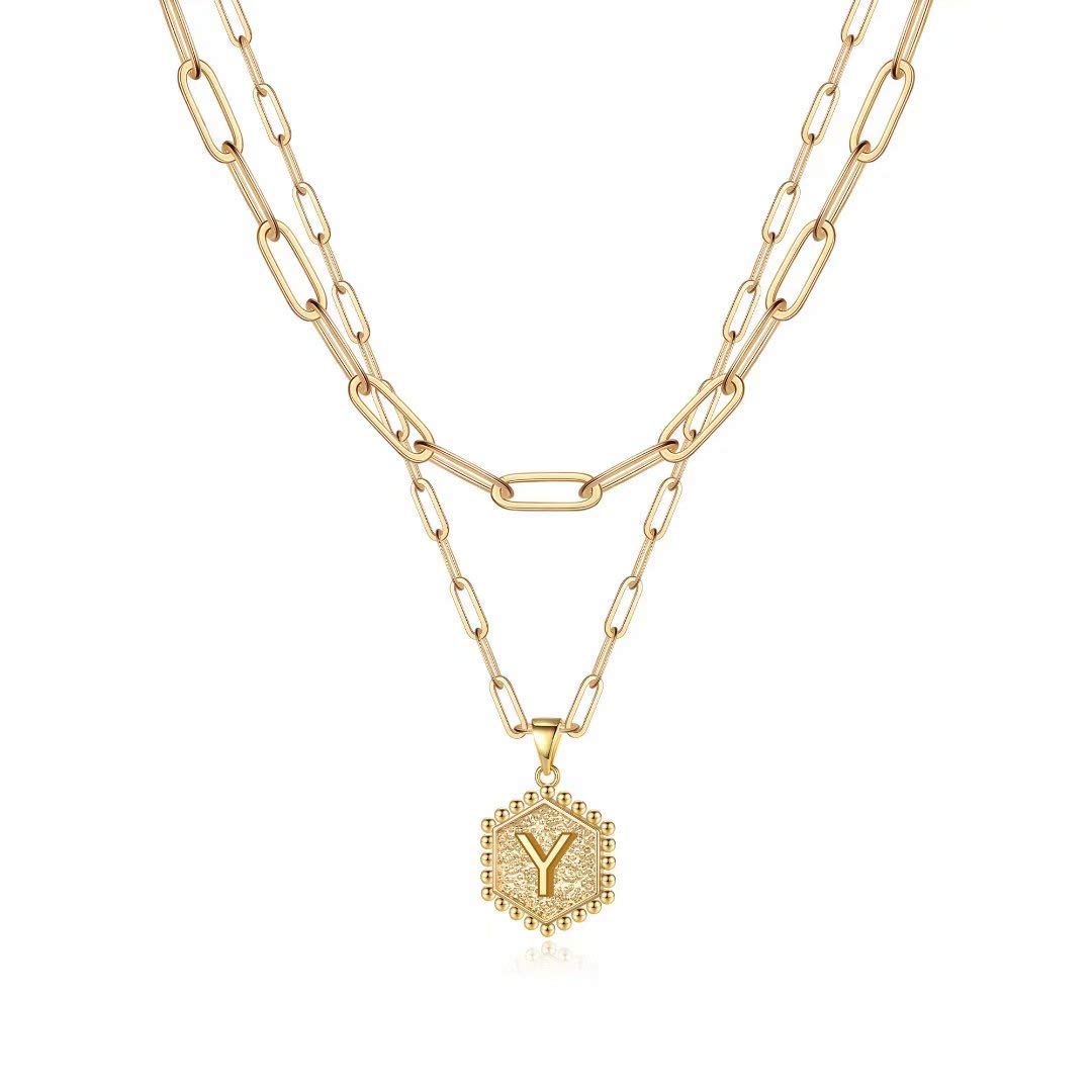 Dainty Layered Initial Necklaces for Women - 14K Gold Plated Paperclip Chain Necklace with Hexagon Letter Pendant, Minimalist Cute Choker | Perfect for Everyday Wear, Gift Giving & Layering