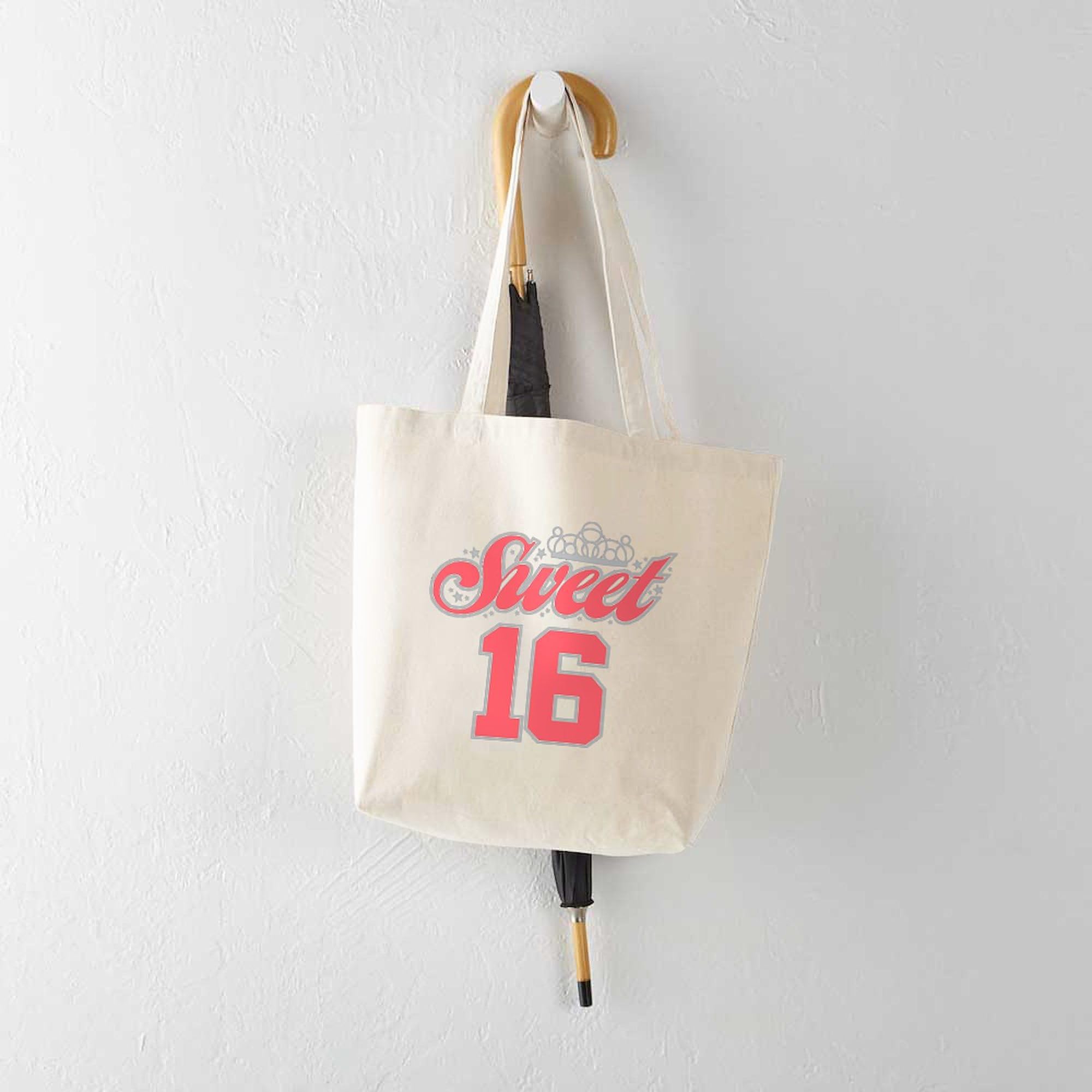 Sweet 16 Tote Bag - Natural Canvas Reusable Shopping Bag for Girls Birthday Party, Beach Day & Grocery Shopping | Eco-Friendly Gift Idea
