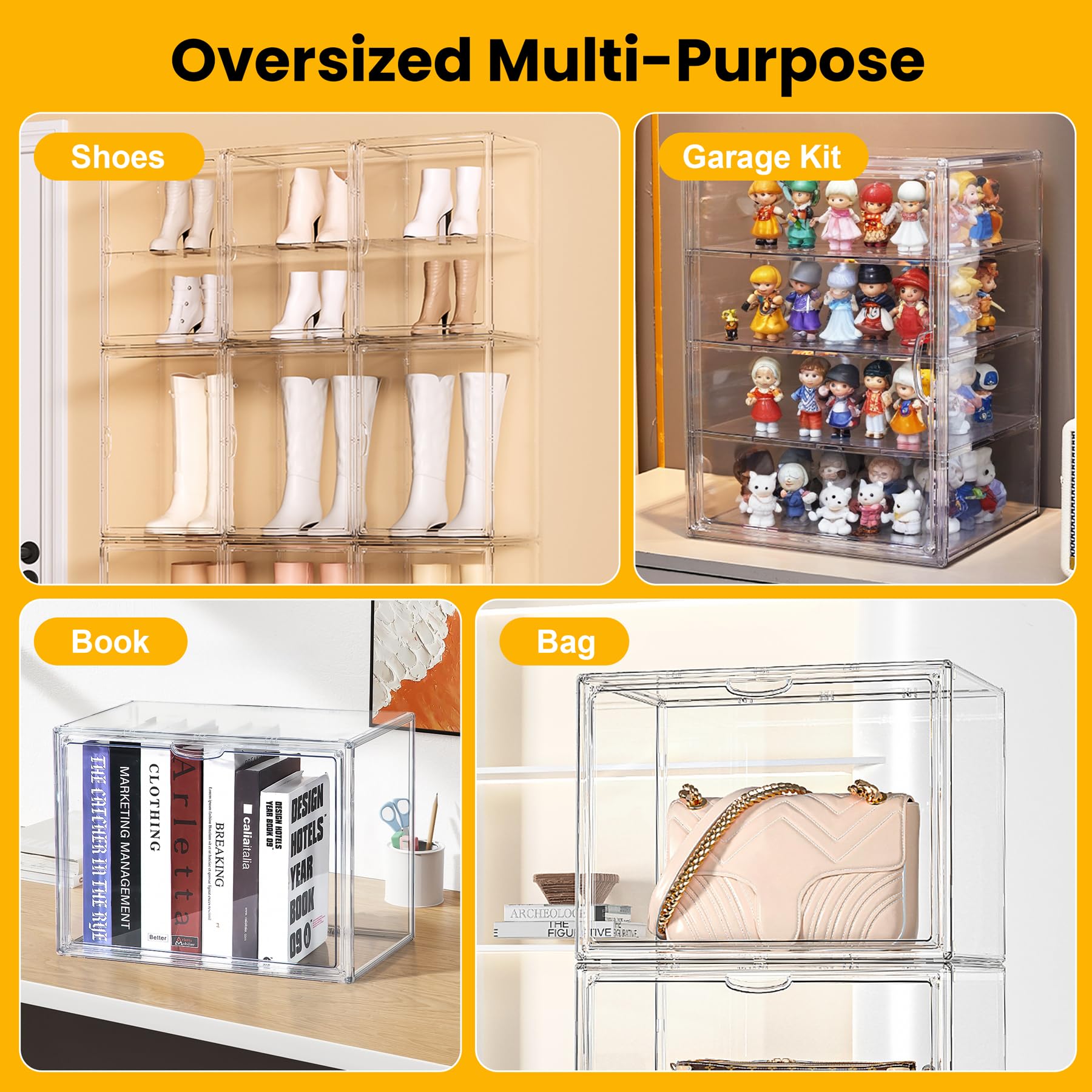 MMBABY 9-Pack Clear XX-Large Acrylic Shoe Storage Boxes with Adjustable Dividers - Stackable Boot Organizers with Magnetic Lids for Sneakers, Heels & Boots Display - Perfect for Closet, Bedroom & Entryway Organization