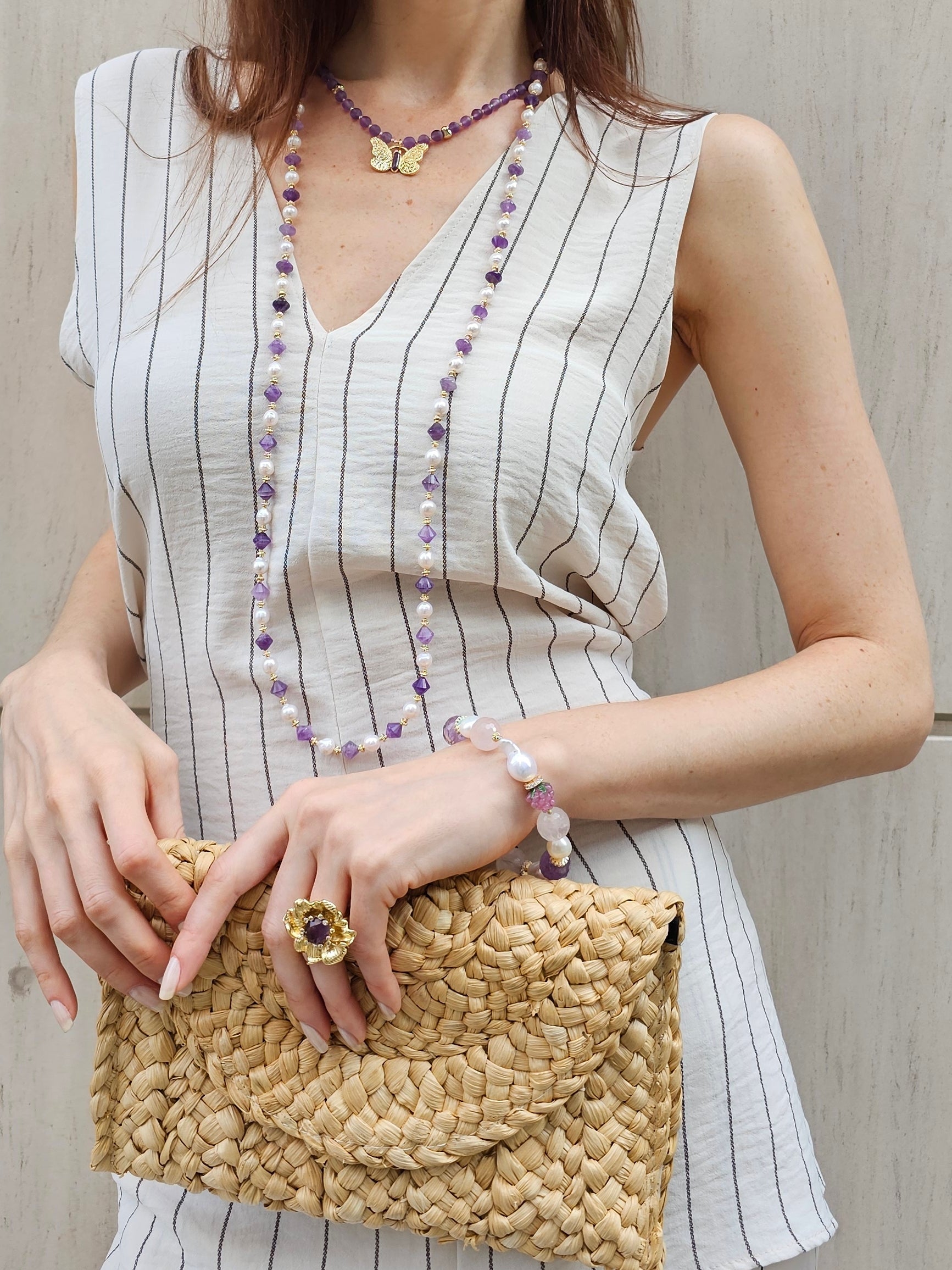 Baroque Pearl Bracelet with Rose Quartz & Amethyst Beads - Elegant Raspberry Jewelry for Women | Perfect for Weddings, Parties & Special Occasions