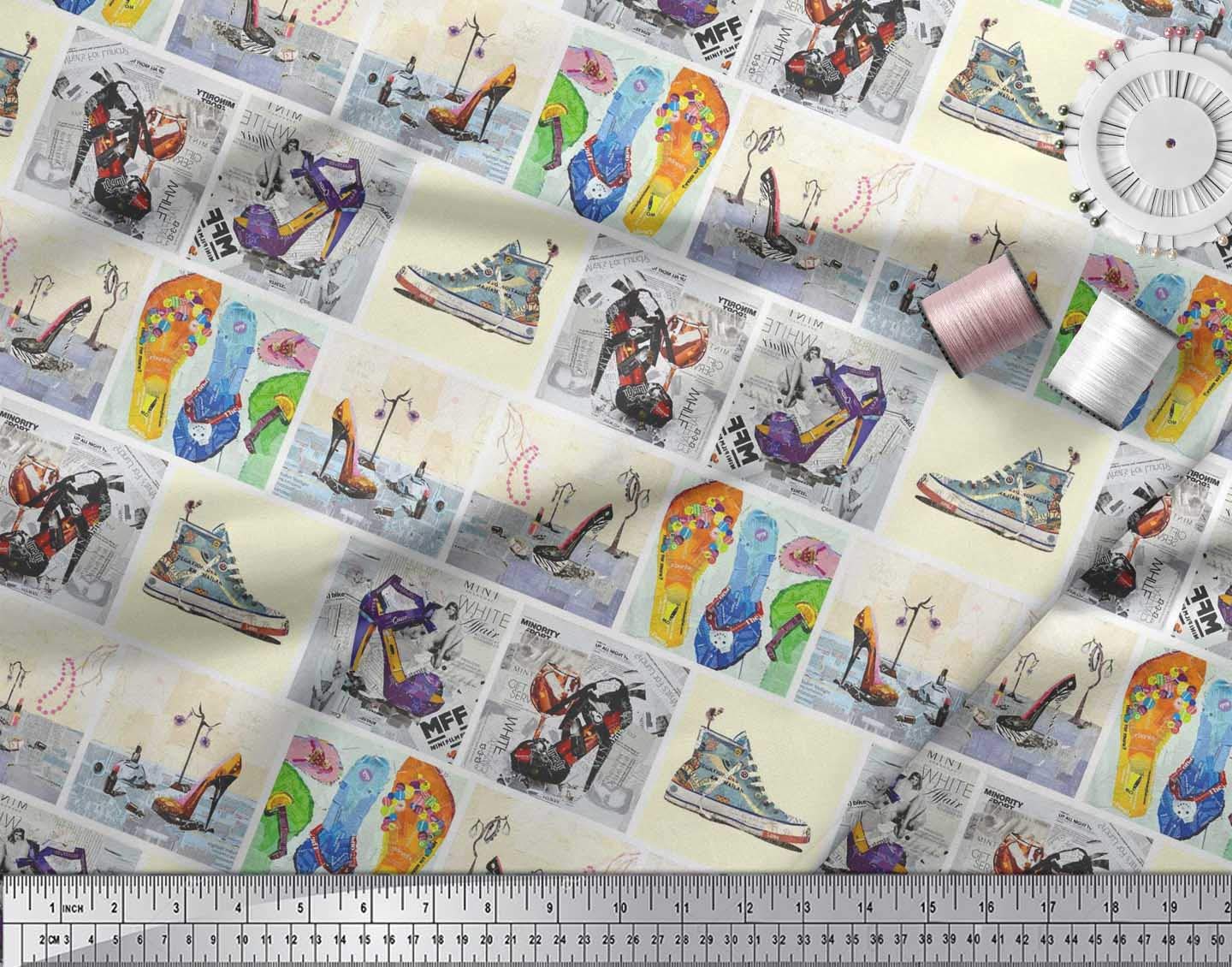 Soimoi Rayon Yellow Fabric by The Yard - 42 Inch Wide Printed Fabric for DIY Slippers, Shoes & High Heels - Fashionable Footwear-Inspired Patchwork Glam - Perfect for Sewing Projects, Costume Design, and Home Decor
