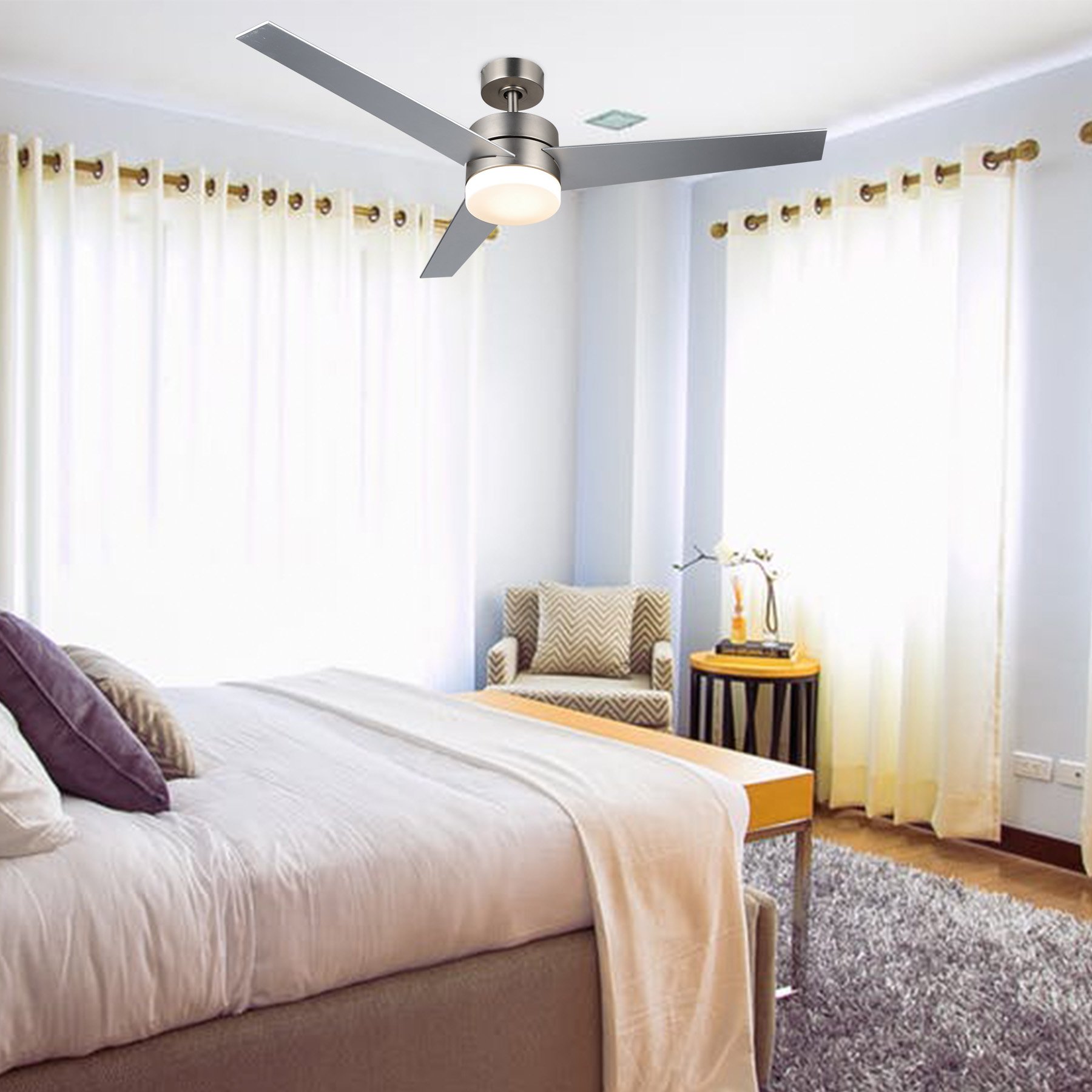 VONLUCE 52-inch Modern Ceiling Fan with LED Light and Remote Control - 3-Blade Low Profile Design, Brushed Nickel Steel Body, 15W LED Panel & Glass Shade, 120V - Perfect for Bedroom, Living Room, and Office Spaces