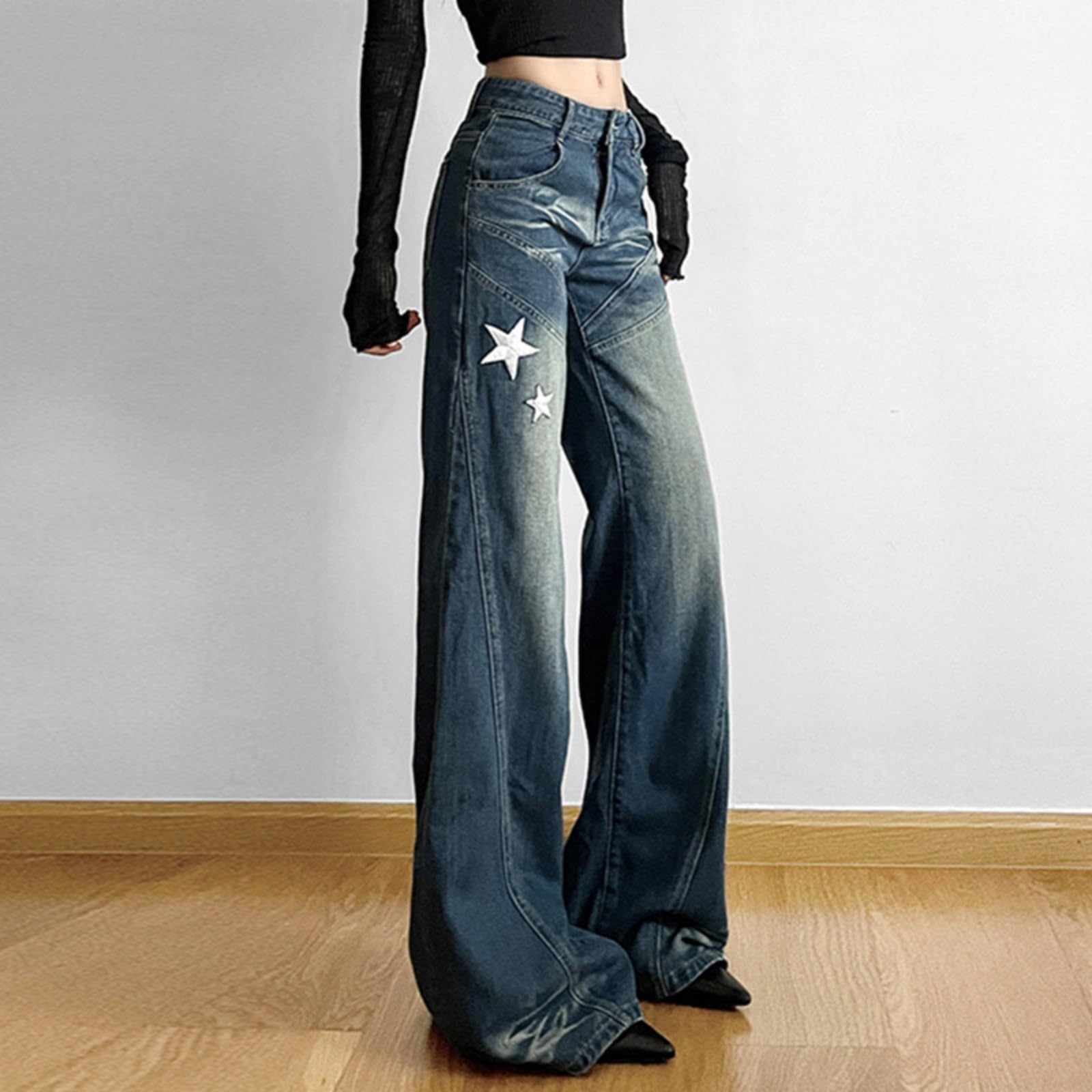 Women's Low Rise Flared Jeans - Vintage Washed Y2K Denim Pants with Star Embroidery | Perfect for Casual Outfits, Streetwear Fashion & Retro Style