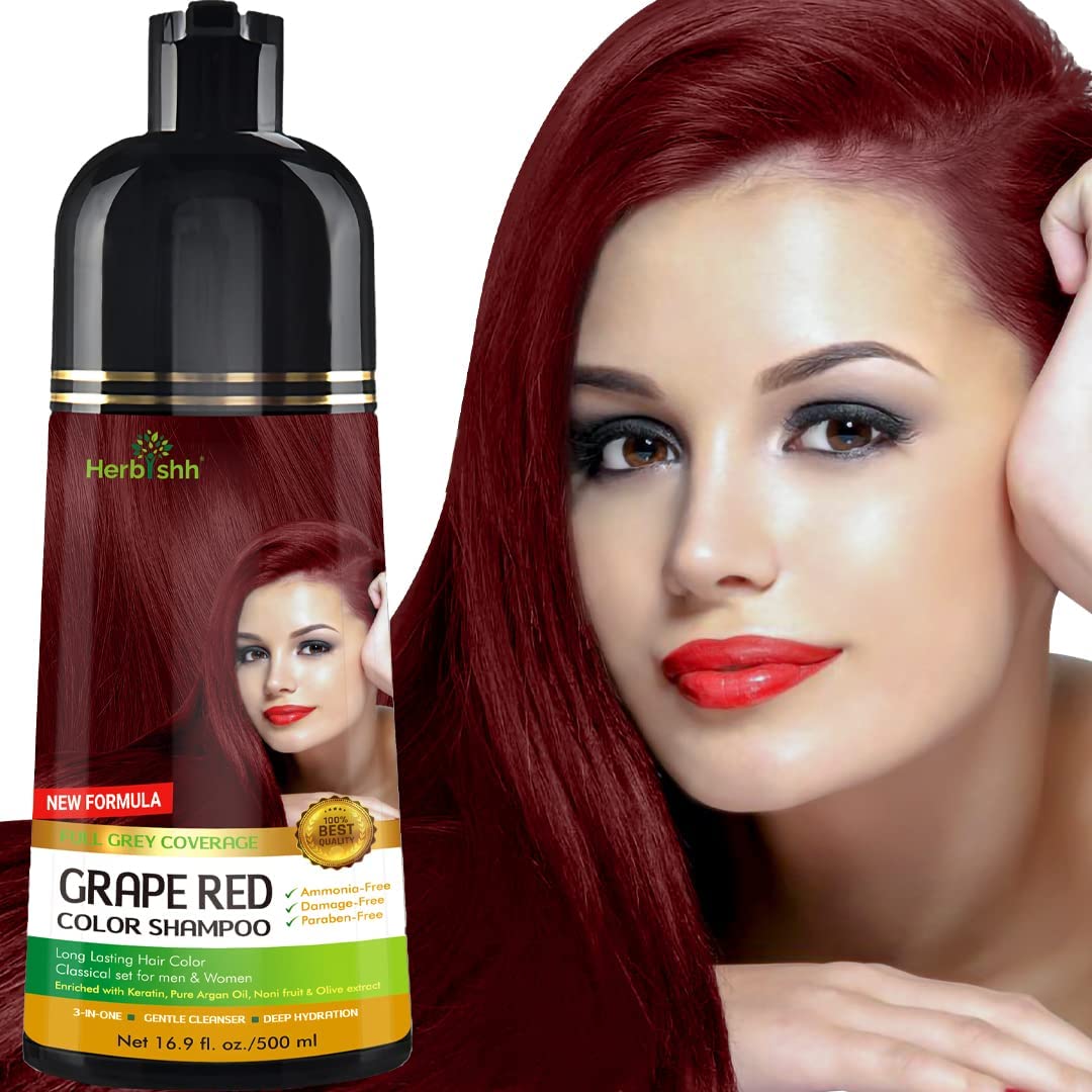 Herbishh Grape Red Hair Color Shampoo & Cream Set for Gray Hair Coverage - 500ml Permanent Dye with Natural Ingredients | At-Home Hair Coloring Solution for Women & Men