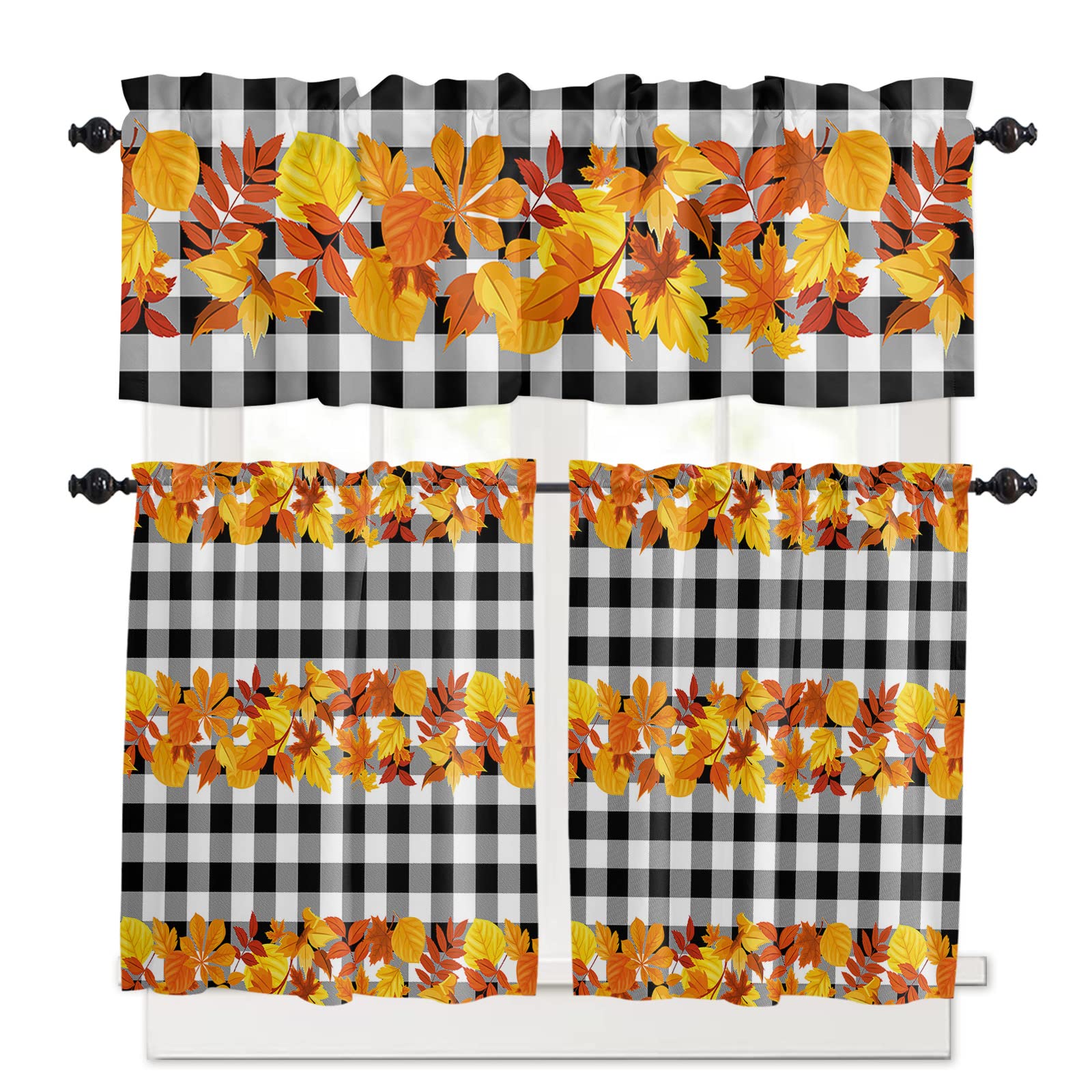 Thanksgiving Kitchen Curtains Set - Autumn Maple Leaf & Black Buffalo Plaid Rod Pocket Tier Curtains 24
