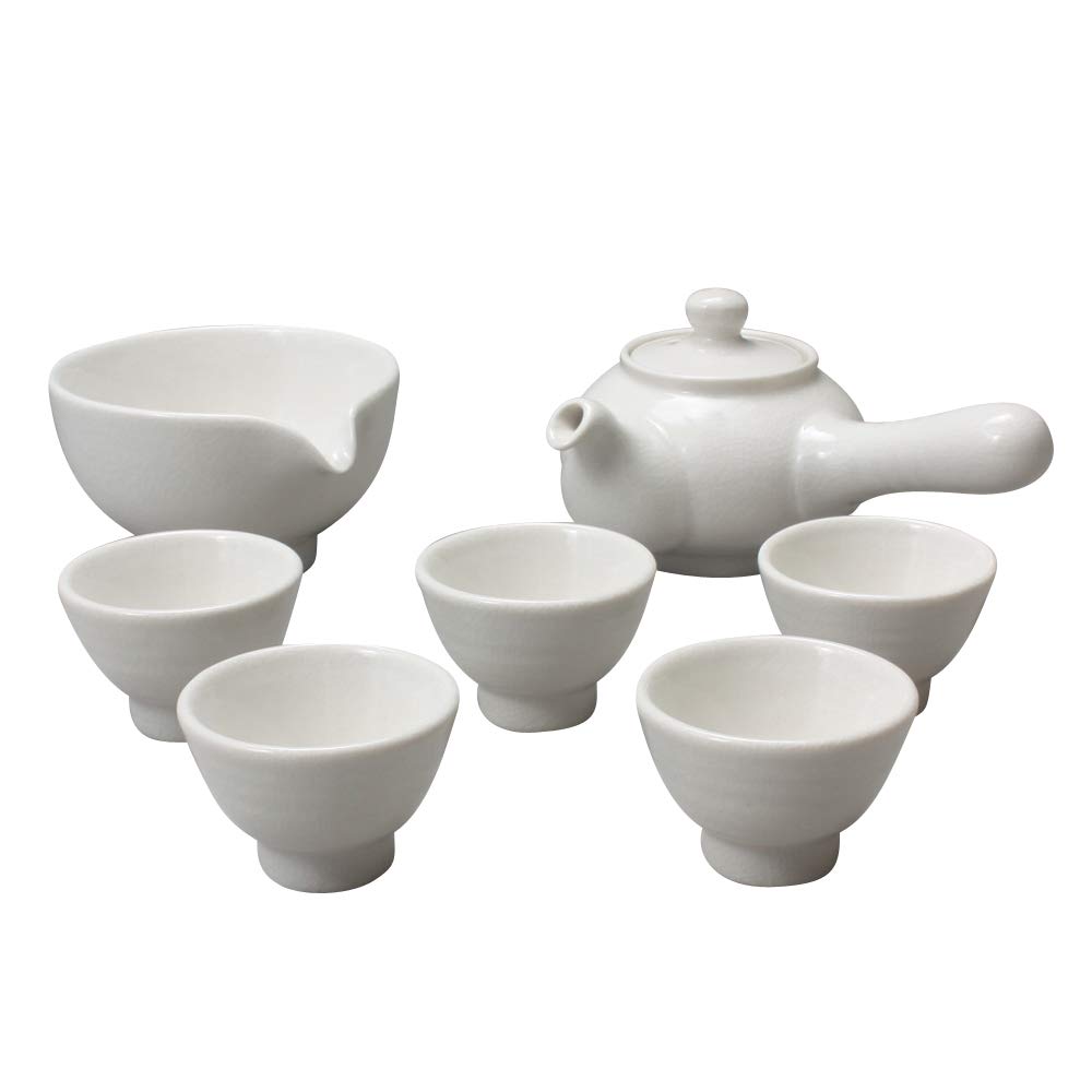 Korean Style Pure White Porcelain Tea Ceremony Set - 11.8oz (350ml) Side Handle Teapot with 5 Cups & Cooling Pitcher - Traditional Ceramic Tea Gift Set for Home, Office & Zen Meditation