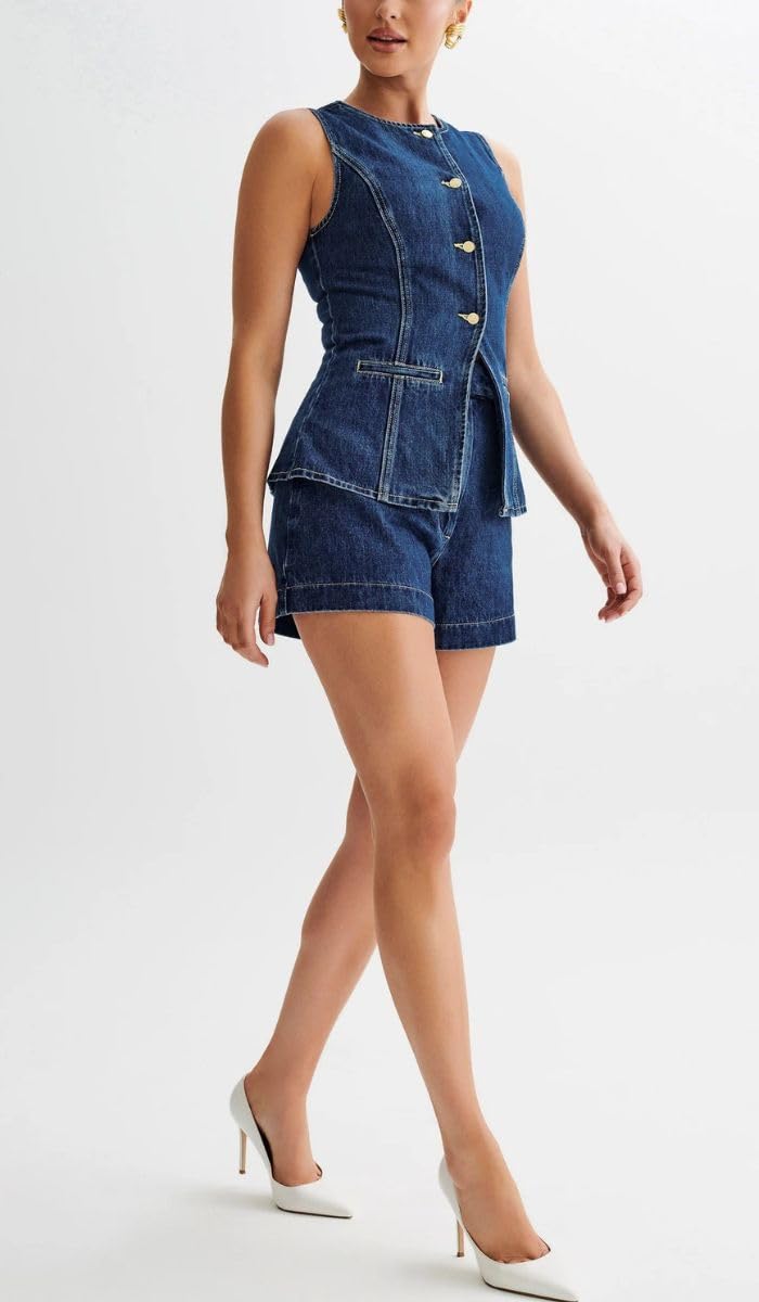 Trendy Women's Denim 2-Piece Outfit - Casual Button Down Sleeveless Top & High Waist Jean Shorts | Perfect for Summer Outings, Beach Vacations and Street Style Fashion