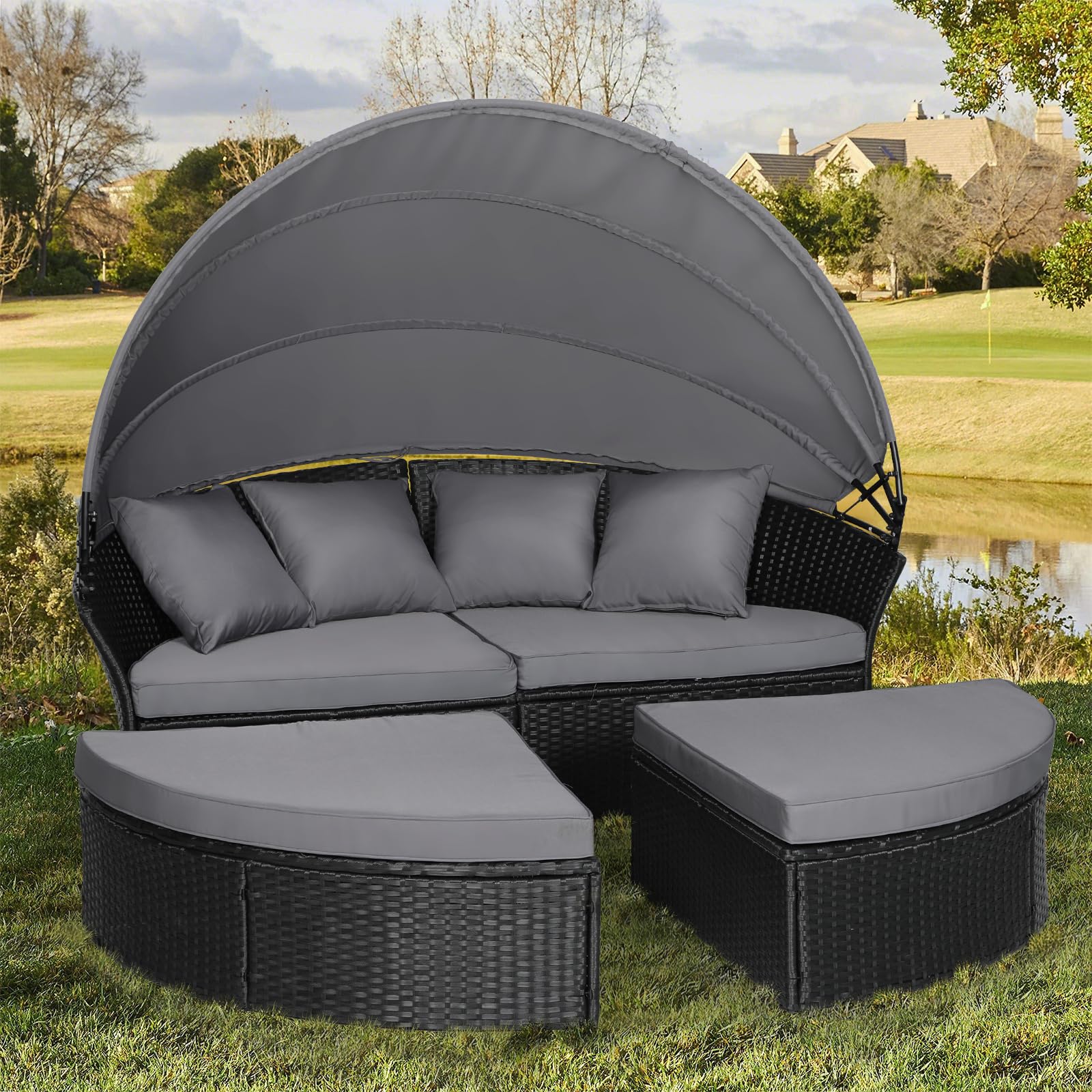 Outdoor Patio Furniture Set - 4-Piece Round Canopy Daybed with Cushioned Seats, Black Wicker Sofa for Poolside, Garden & Backyard Relaxation | Grey Weather-Resistant Design