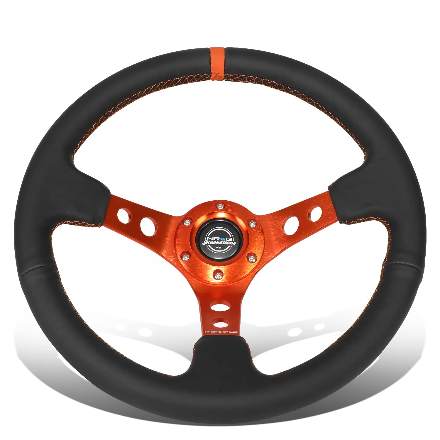 NRG Innovations RST-006OR 3-Spoke Racing Steering Wheel with Cutout Holes - Black Leather & Orange Stitching - 6X70mm Bolt Pattern - Includes Horn Button - Perfect for Drifting, Track Racing & Car Enthusiasts