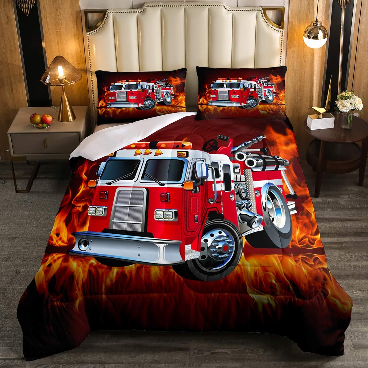 Firefighter Truck Kids Comforter Set - Fire Engine Themed Bedding for Boys & Girls | 1 Quilted Duvet + 2 Pillowcases | Full Size Red Construction Vehicle Design | Perfect for Fireman-Themed Bedrooms & Emergency Aid Decor