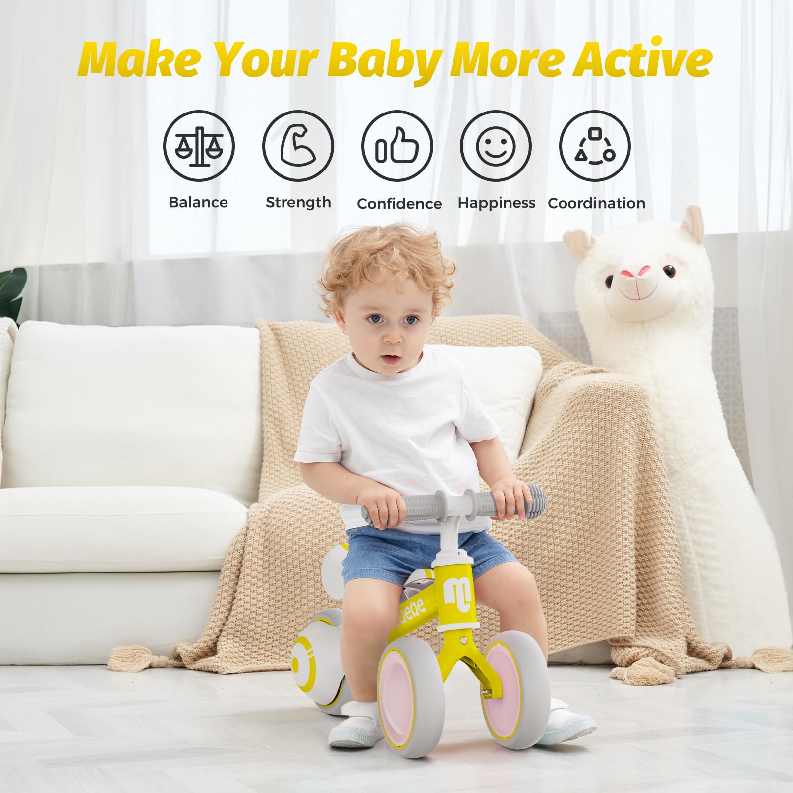 Allobebe Baby Balance Bike for Toddlers 12-36 Months - Adjustable Seat, Silent 3-Wheels Training Bike for 1 Year Old Girls & Boys - Perfect First Birthday Gift to Help Babies Learn Standing & Walking - Indoor & Outdoor Play, Park Rides, Backyard Fun