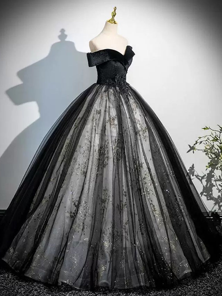 Elegant A-Line Off Shoulder Tulle Lace Black Long Prom Dress - Formal Evening Gown for Homecoming, Wedding & Special Occasions