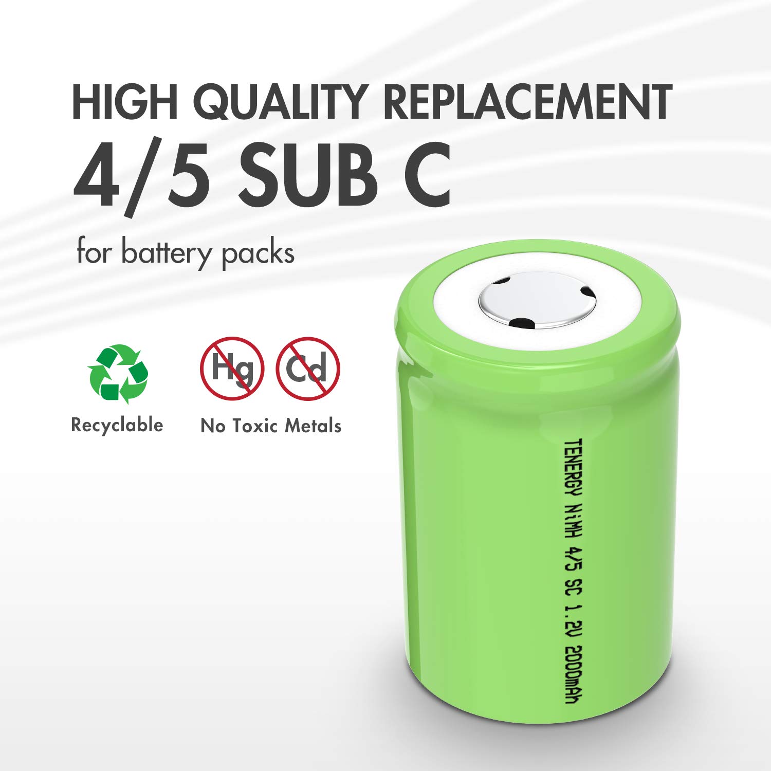 Tenergy 4/5 SubC 2000mAh NiMH Rechargeable Batteries 50 Pack - Flat Top High Capacity Batteries for RC Cars, Robotics, and Industrial Equipment