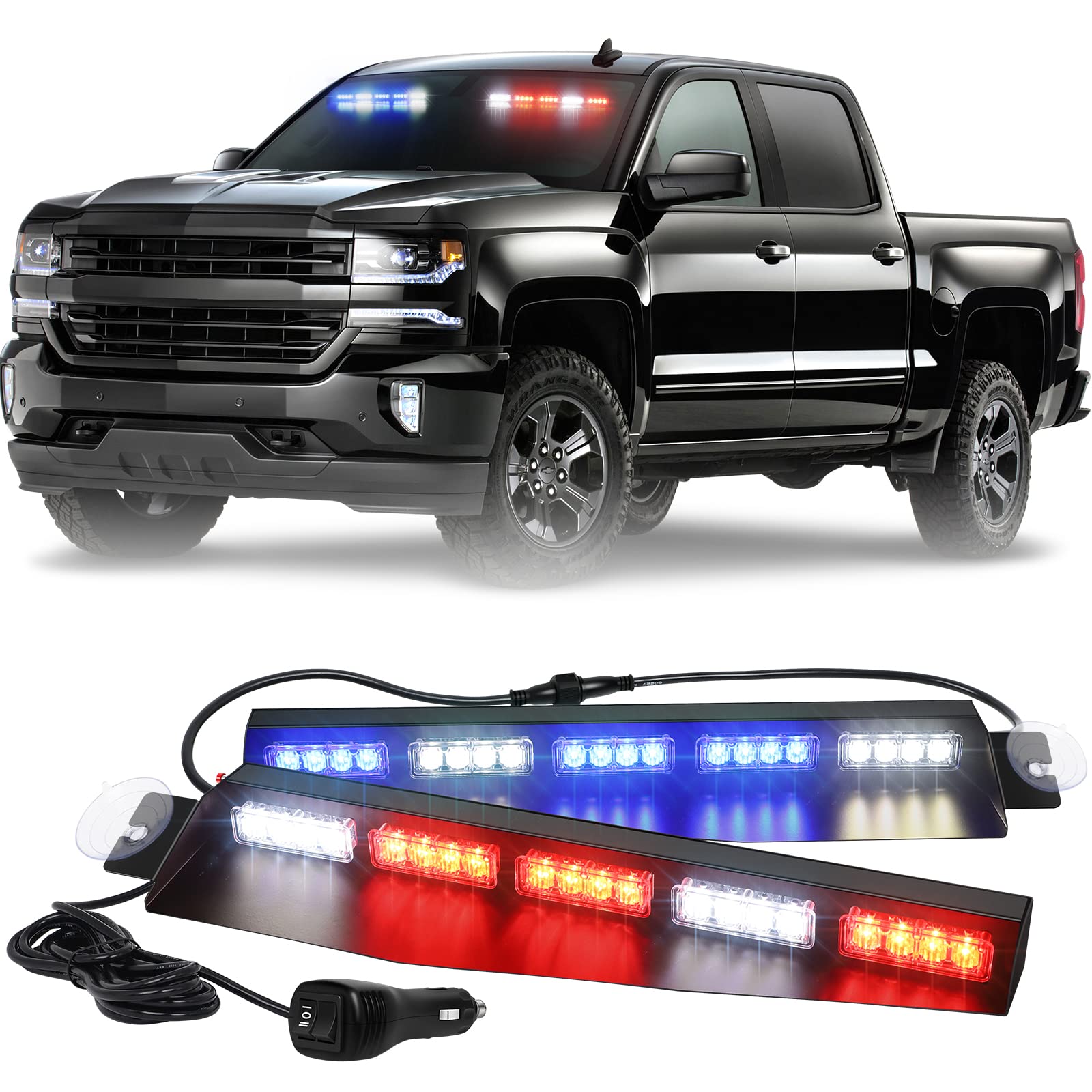 XRIDONSEN 34 Inch Emergency Police Light Bar - 40 LED Red & Blue Strobe Lights for Vehicles & Trucks - Interior Windshield Mount with White Take Down Deck - Safety Warning Flashing Lights for Emergency, Security, and Off-Road Use