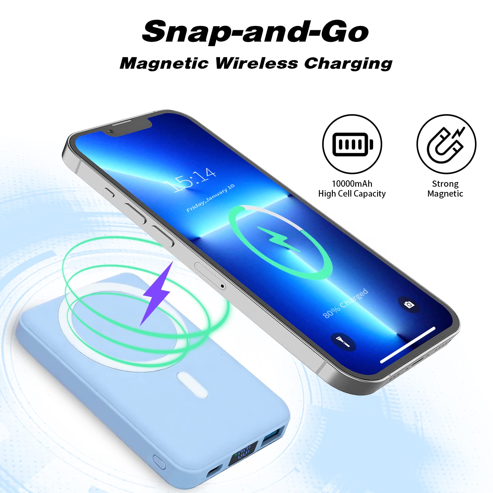 10000mAh Magnetic Wireless Portable Charger - PD 22.5W Fast Charging Power Bank with QC3.0 & USB-C | LED Display MagSafe Battery Pack for iPhone 14/13/12 Pro Max/Pro/Mini (Sierra Blue) | Perfect for Travel, Camping & On-the-Go Charging