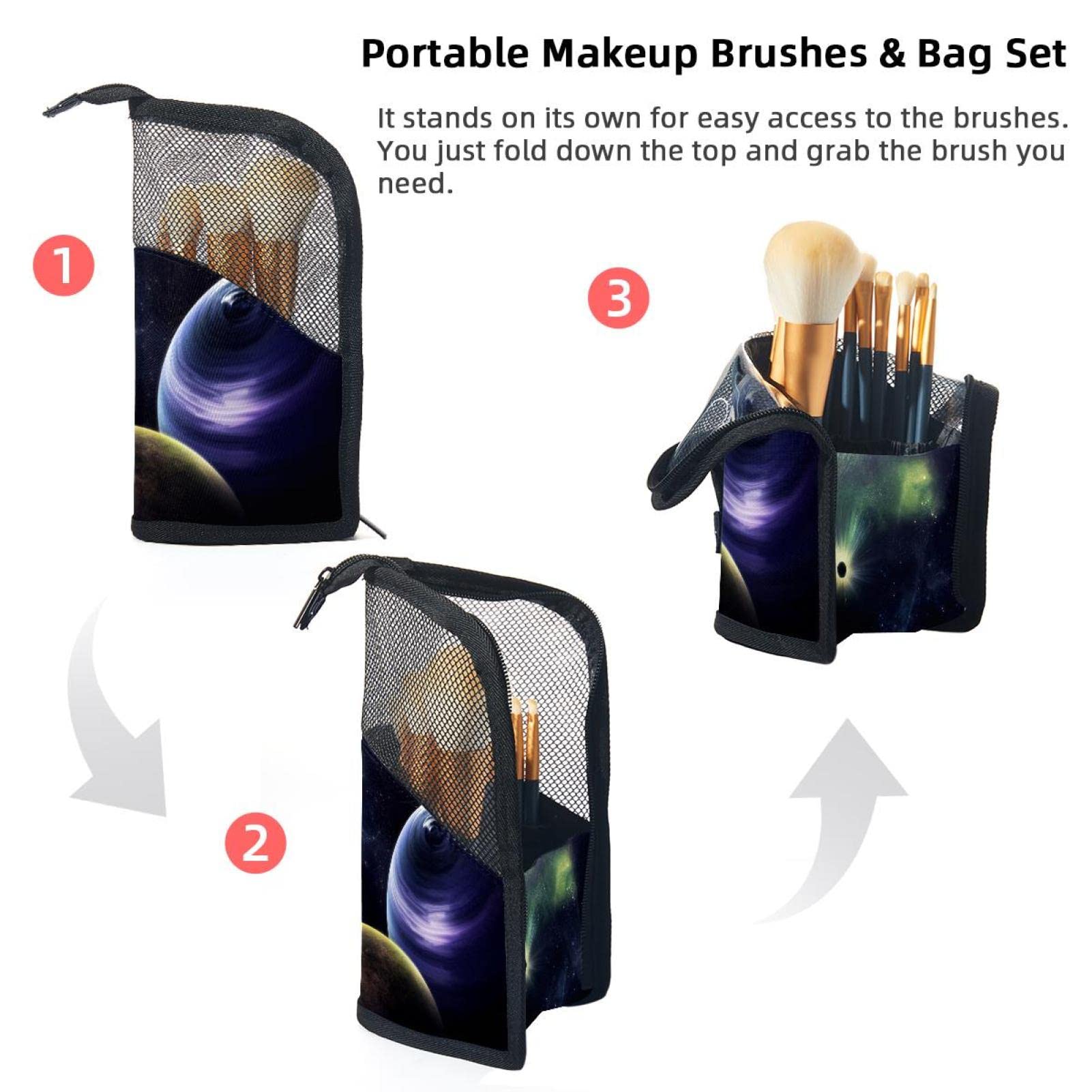12-Piece Space Planet Nebula Makeup Brush Organizer Bag - Portable Cosmetic Brush Holder Case for Travel & Home Storage - Perfect for Makeup Artists & Beauty Enthusiasts