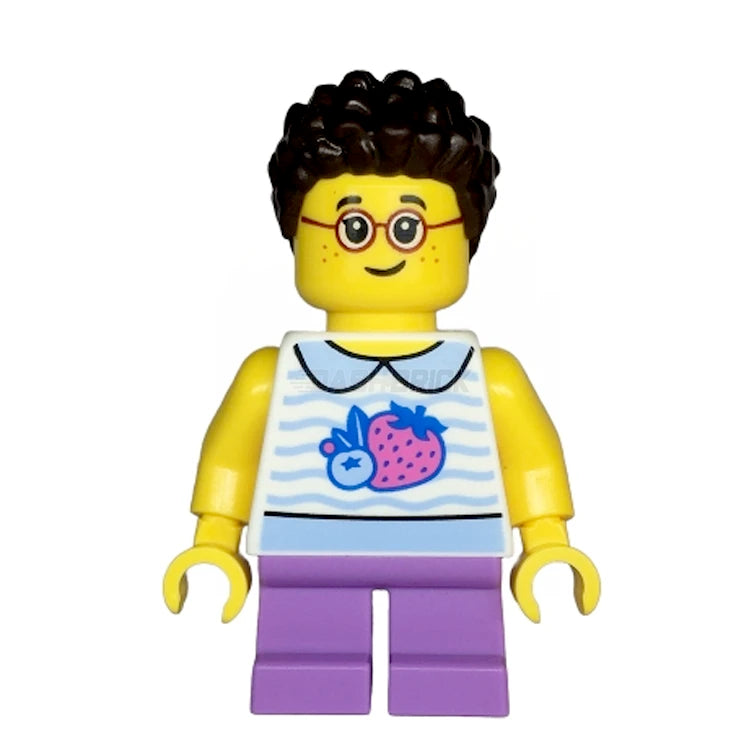 LEGO Minifigure Child Girl with Collared Fruit Shirt, Short Coiled Hair, Glasses & Freckles - Perfect for Playtime, School Scenes & LEGO City Building