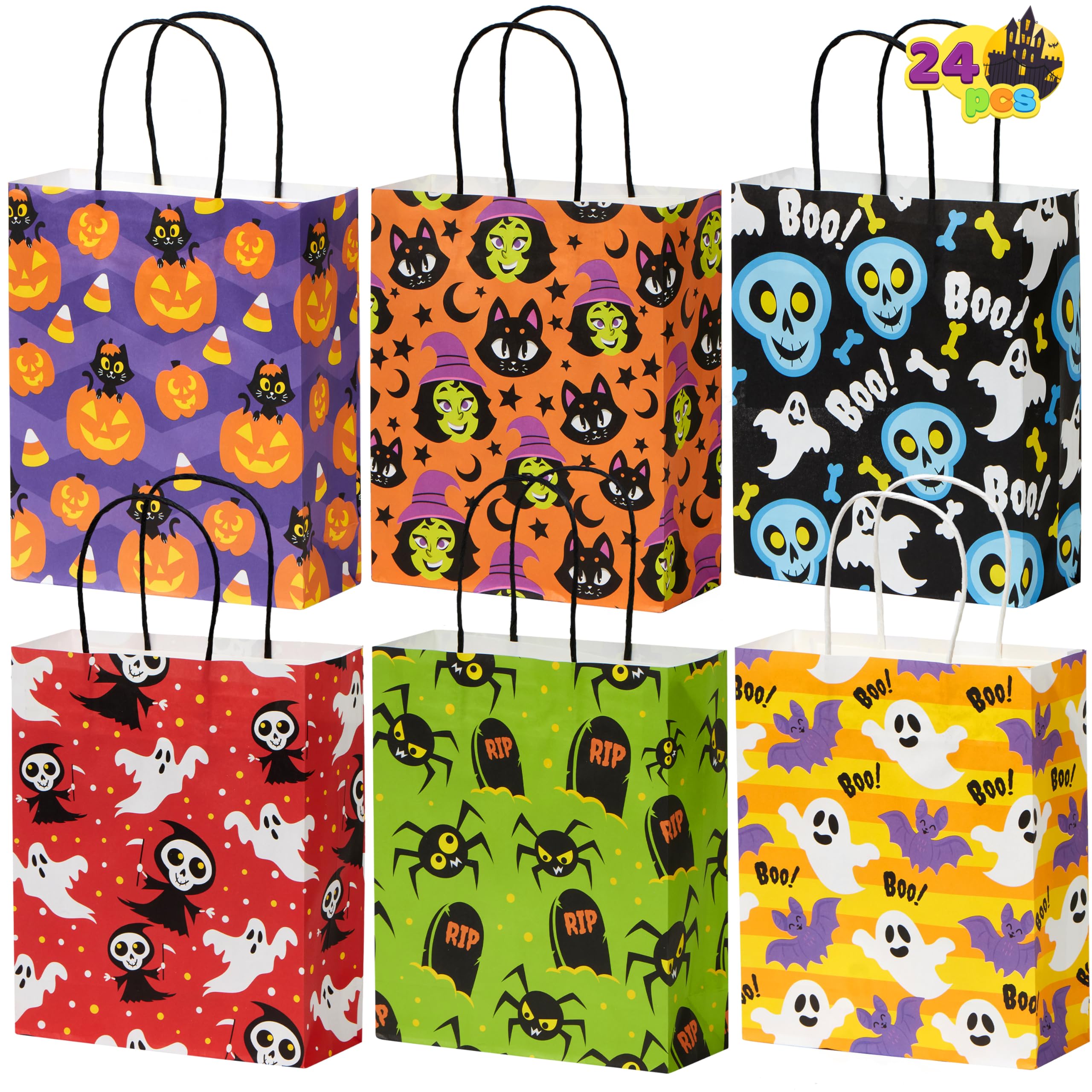 JOYIN 24-Pack Halloween Goodie Bags with Handles - 6 Designs for Trick or Treat Party Favors & Candy Storage